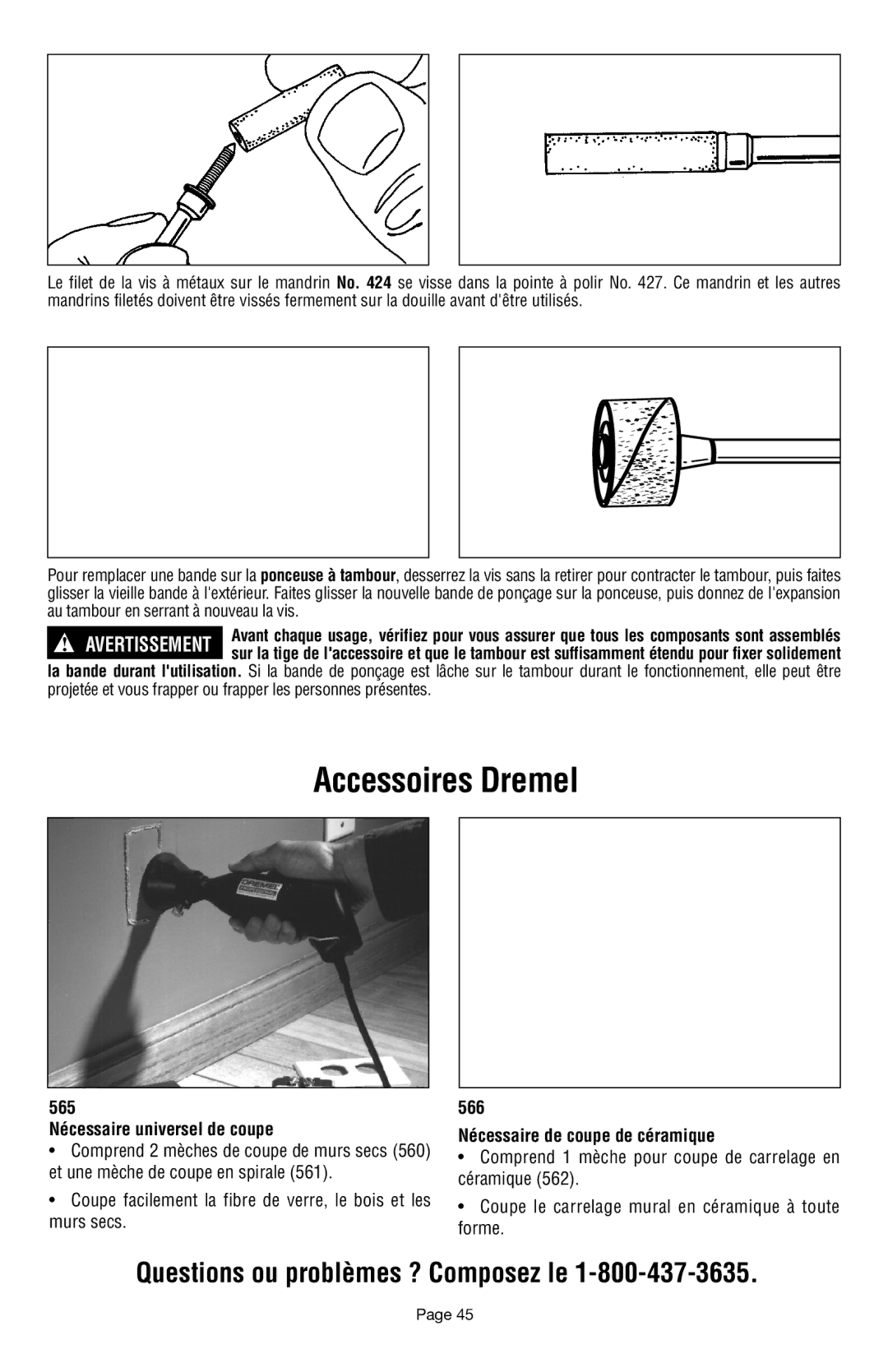 Dremel 398 owner manual 565 Nécessaire universel de coupe, 566 Nécessaire de coupe de céramique 