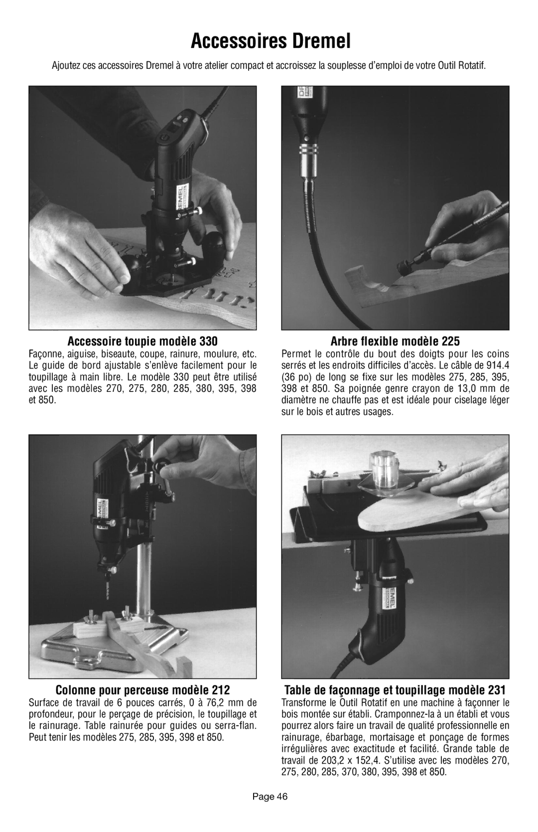 Dremel 398 owner manual Accessoire toupie modèle, Arbre flexible modèle, Colonne pour perceuse modèle 