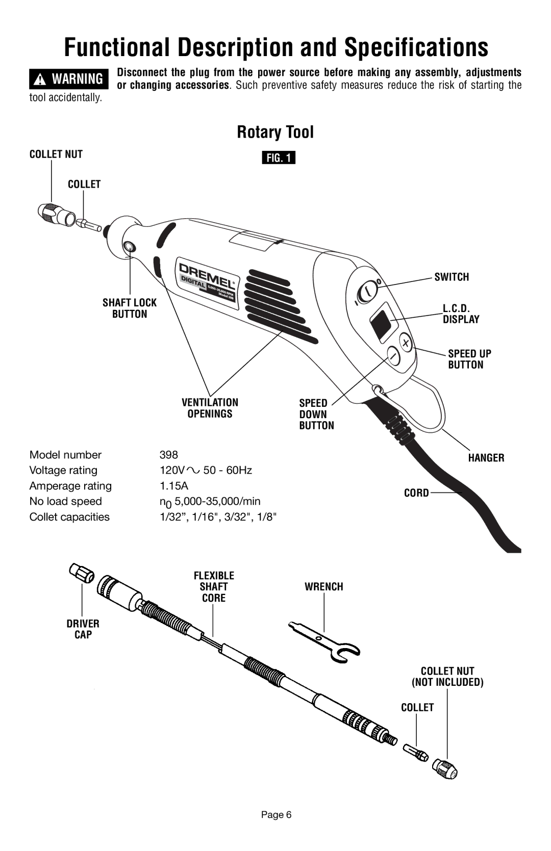 Dremel 398 owner manual Functional Description and Specifications, Rotary Tool 