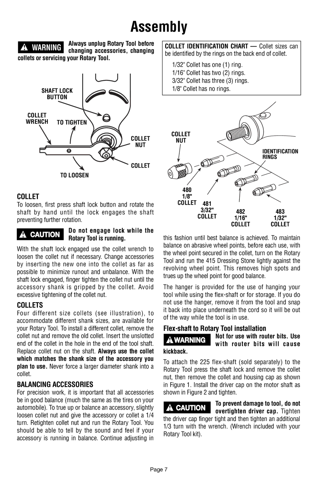 Dremel 398 owner manual Assembly, Collets, Balancing Accessories, Flex-shaft to Rotary Tool installation 