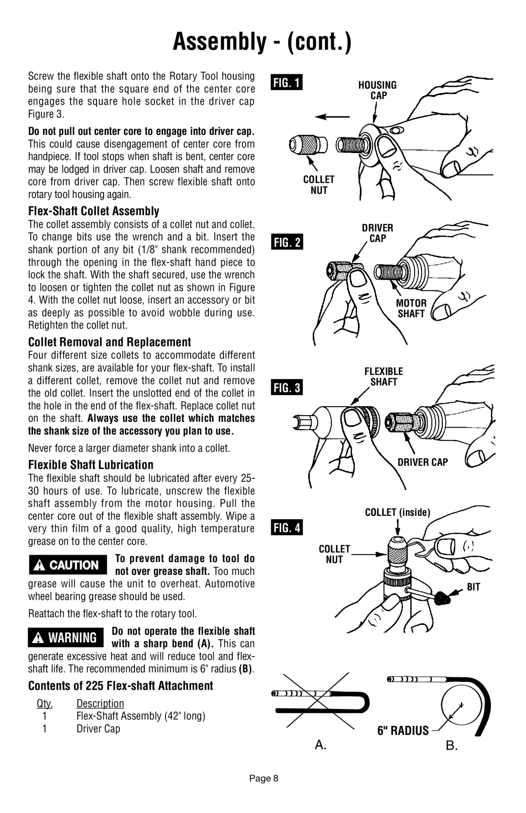 Dremel 398 owner manual Flex-Shaft Collet Assembly, Collet Removal and Replacement, Flexible Shaft Lubrication, Radius 