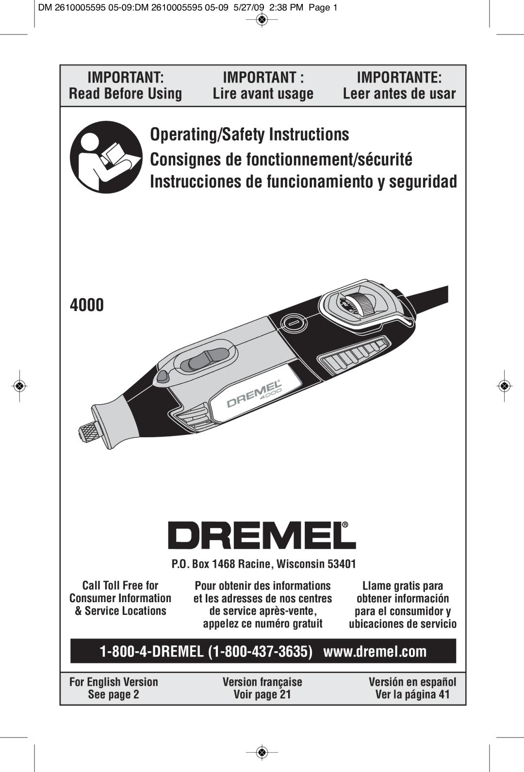 Dremel 4000 manual Box 1468 Racine, Wisconsin, See, Ver la página 