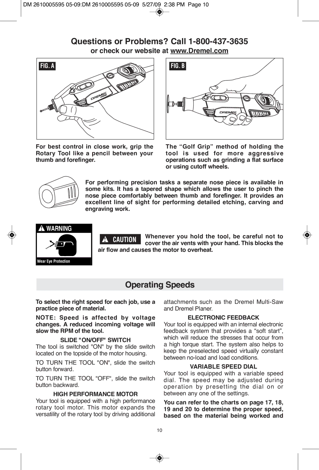 Dremel 4000 manual Questions or Problems? Call, Operating Speeds 