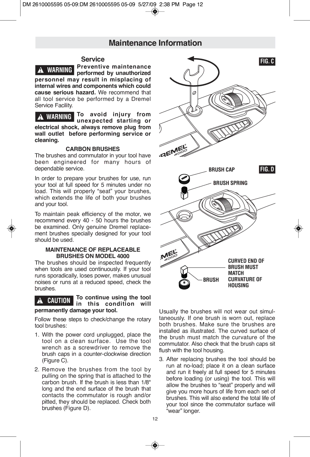 Dremel 4000 manual Maintenance Information, Carbon Brushes, Maintenance of Replaceable Brushes on Model 