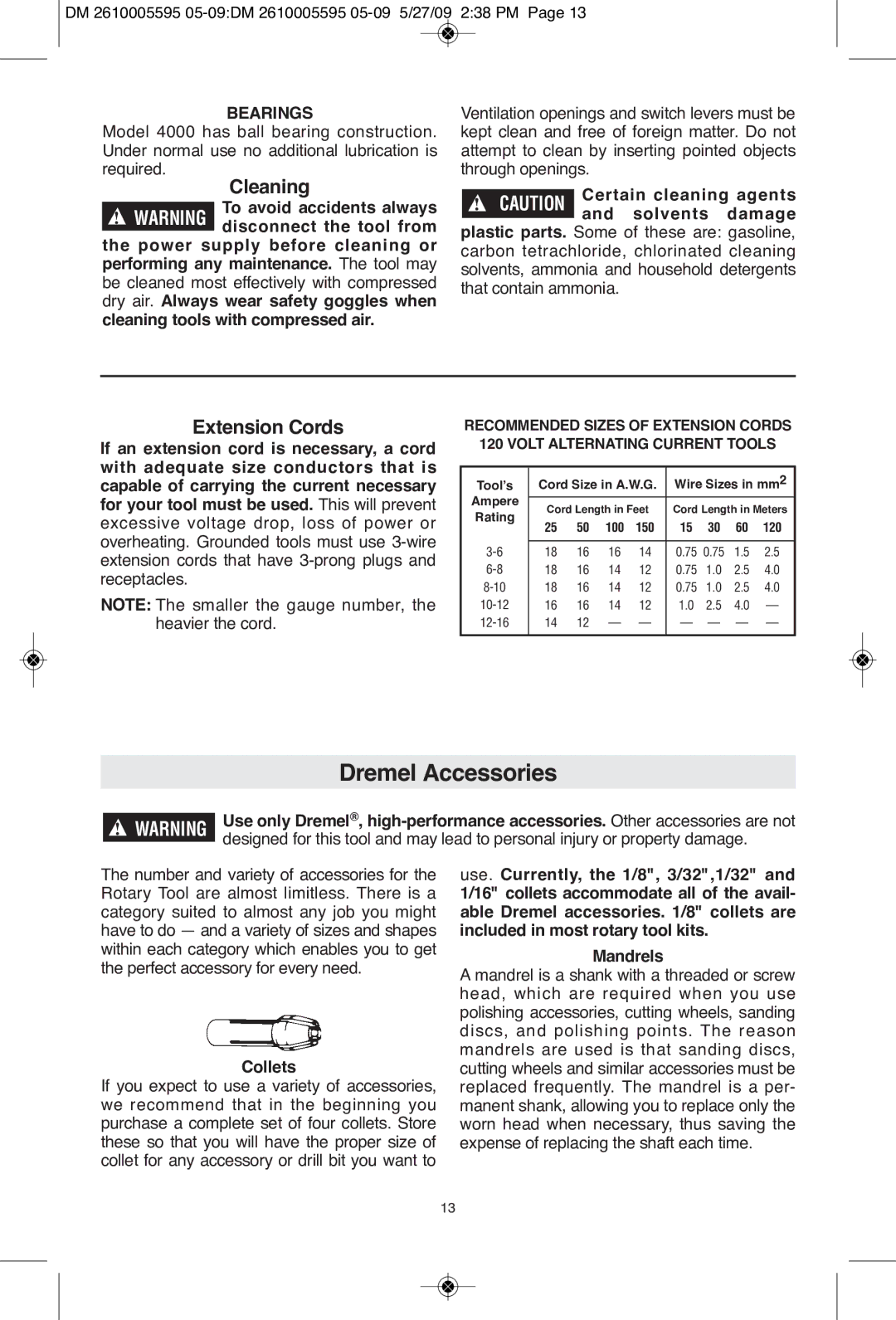Dremel 4000 manual Dremel Accessories, Cleaning, Extension Cords, Bearings, Collets 