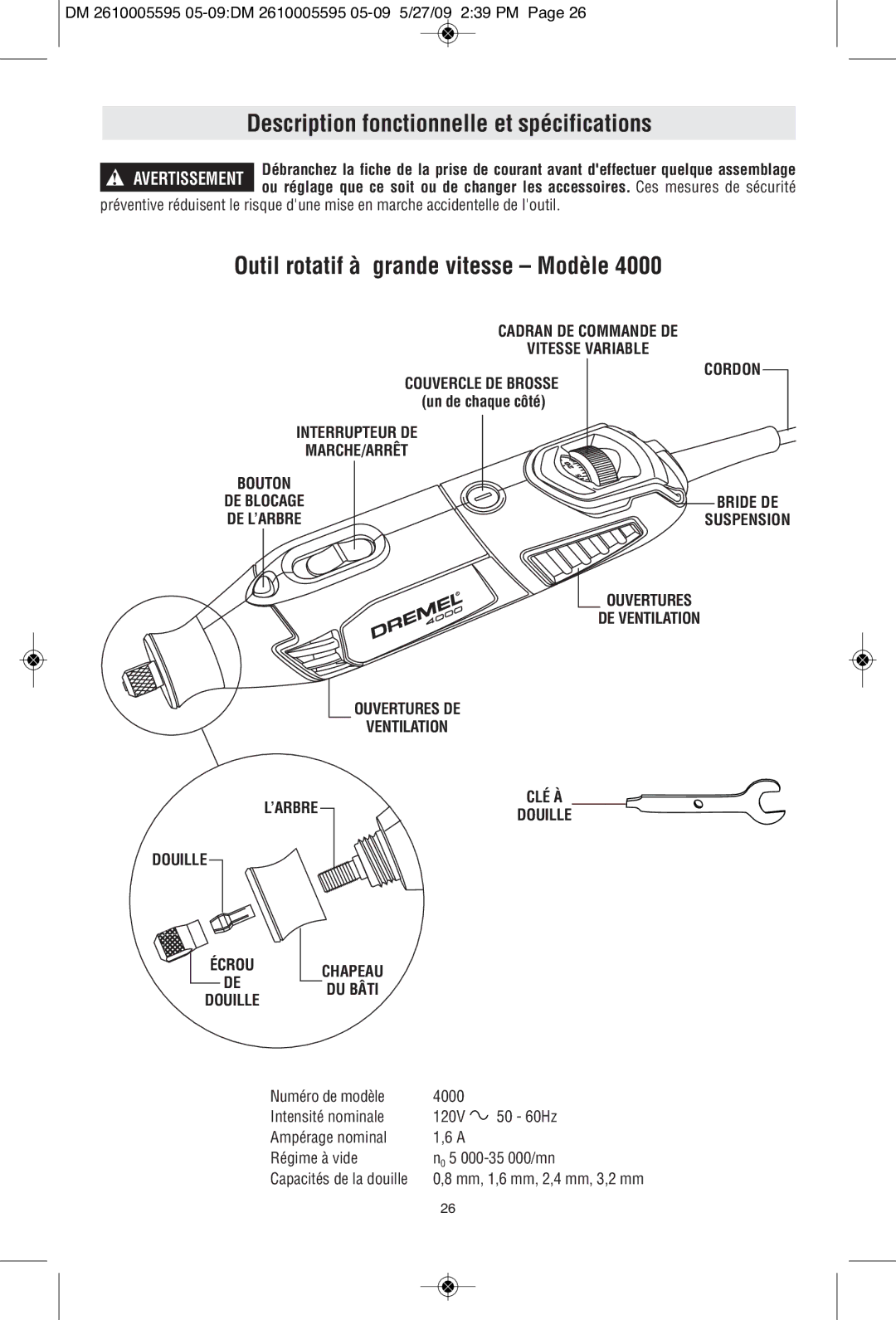 Dremel 4000 manual Description fonctionnelle et spécifications, Outil rotatif à grande vitesse Modèle 