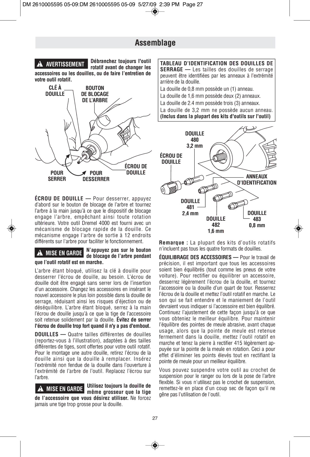 Dremel 4000 manual Assemblage, Écrou DE Pour Pour Douille Serrer Desserrer, Écrou DE Douille Anneaux ’IDENTIFICATION 