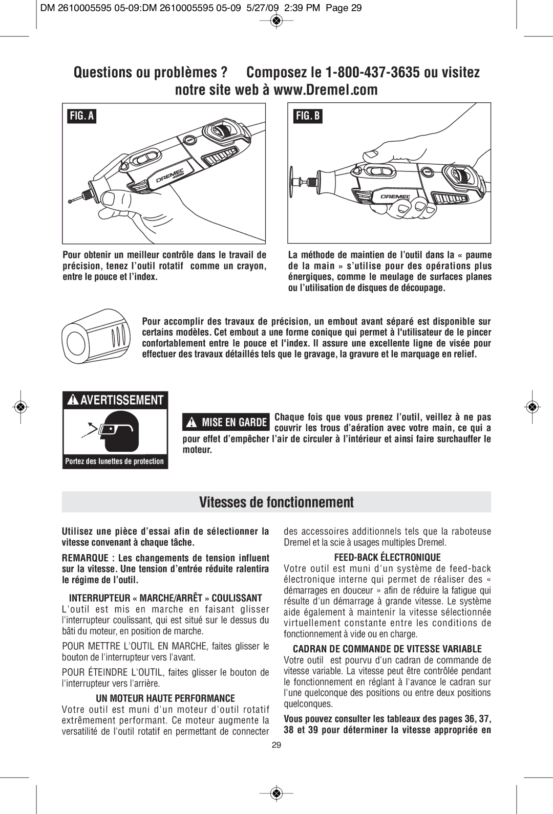 Dremel 4000 manual Vitesses de fonctionnement, UN Moteur Haute Performance, FEED-BACK Électronique 