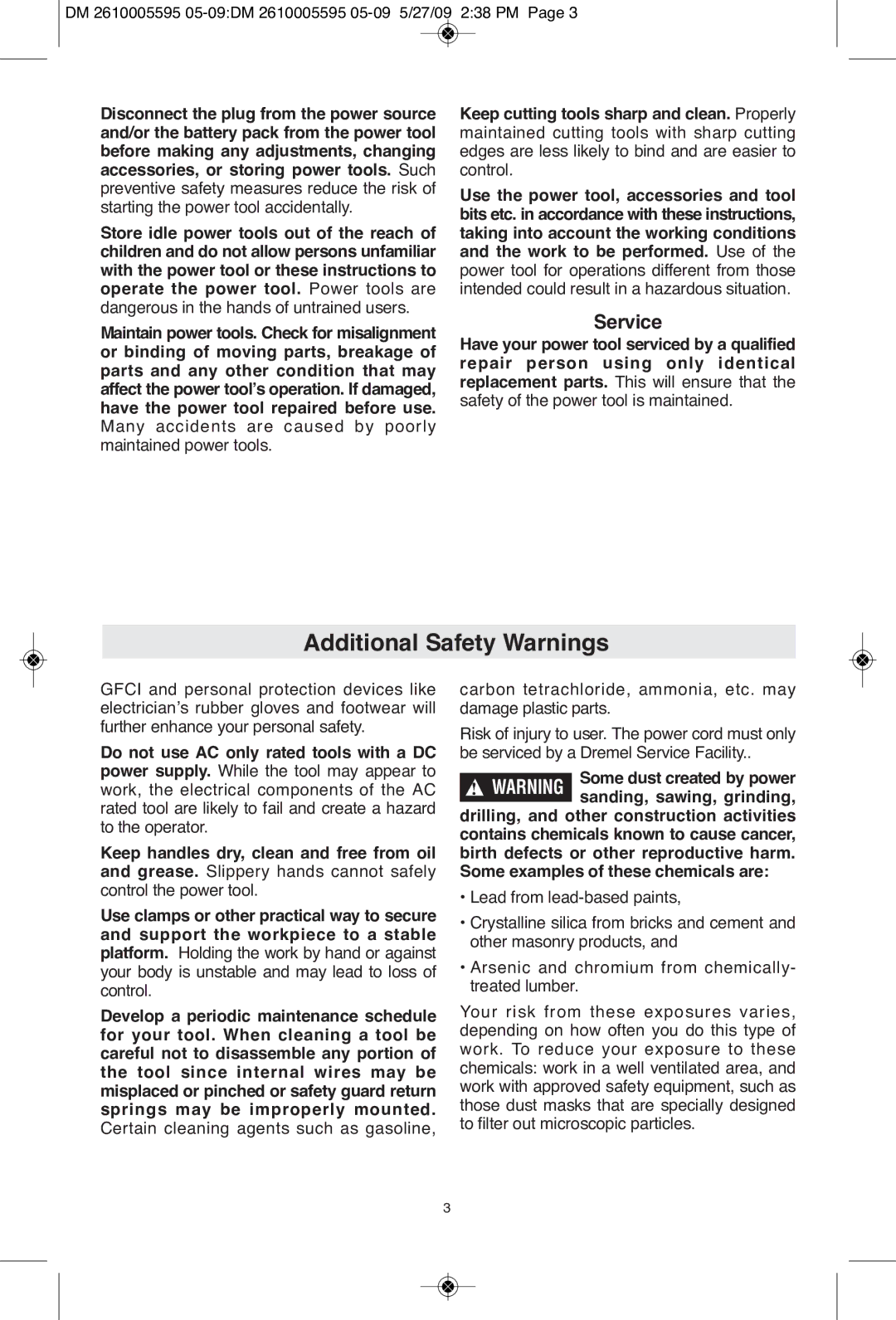 Dremel 4000 manual Additional Safety Warnings, Service 