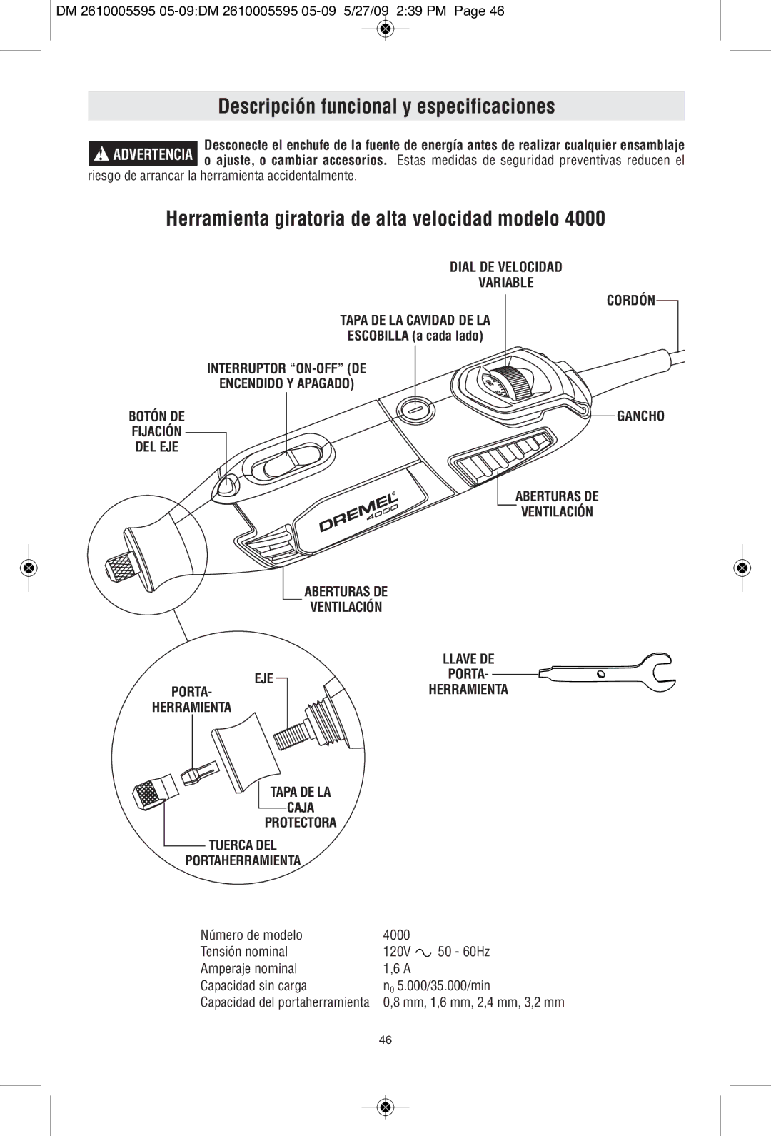 Dremel 4000 manual Descripción funcional y especificaciones, Herramienta giratoria de alta velocidad modelo, Cordón 