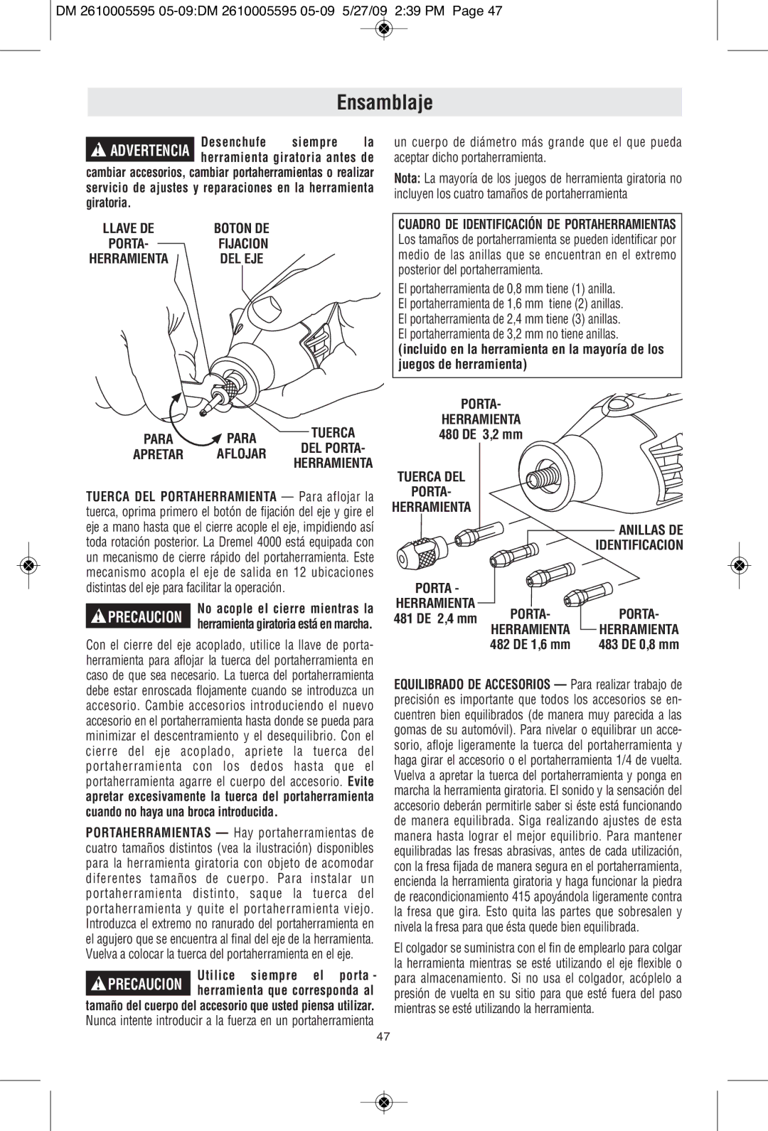 Dremel 4000 manual Ensamblaje, Desenchufe Siempre, Tuerca DEL Porta Herramienta Anillas DE Identificacion 