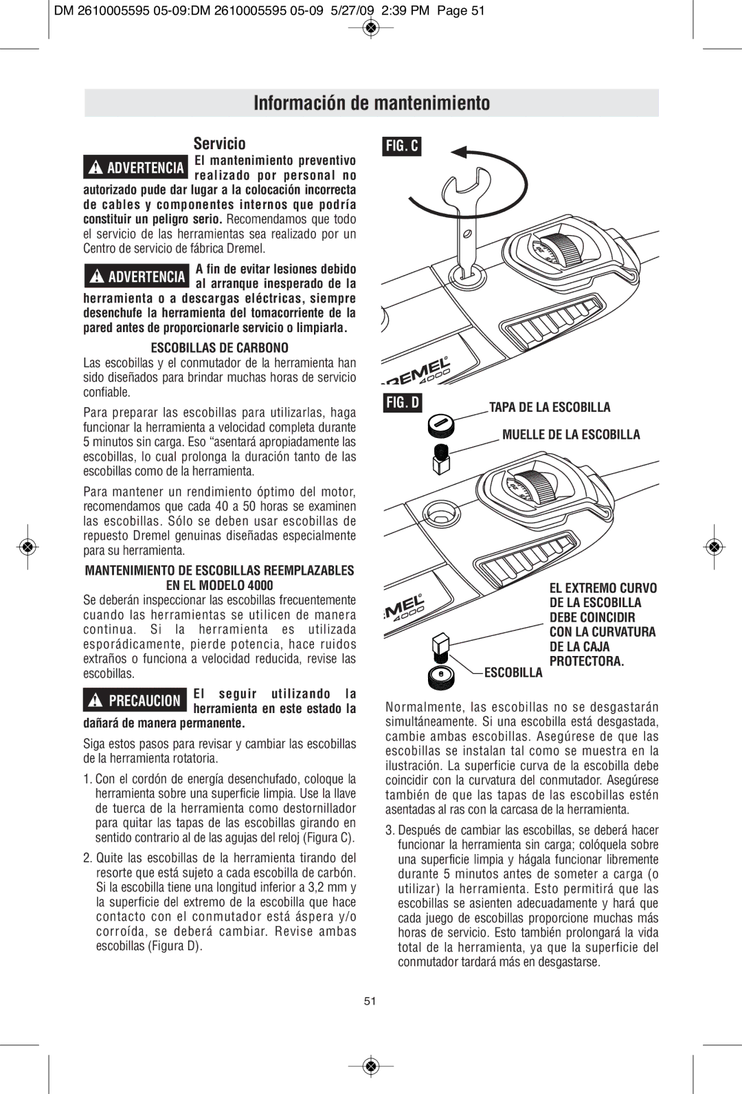 Dremel 4000 manual Información de mantenimiento, Servicio 