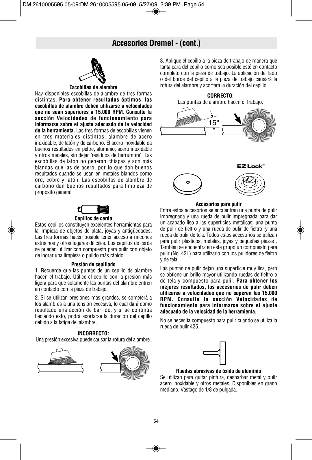 Dremel 4000 manual Accesorios Dremel, Incorrecto, Correcto 