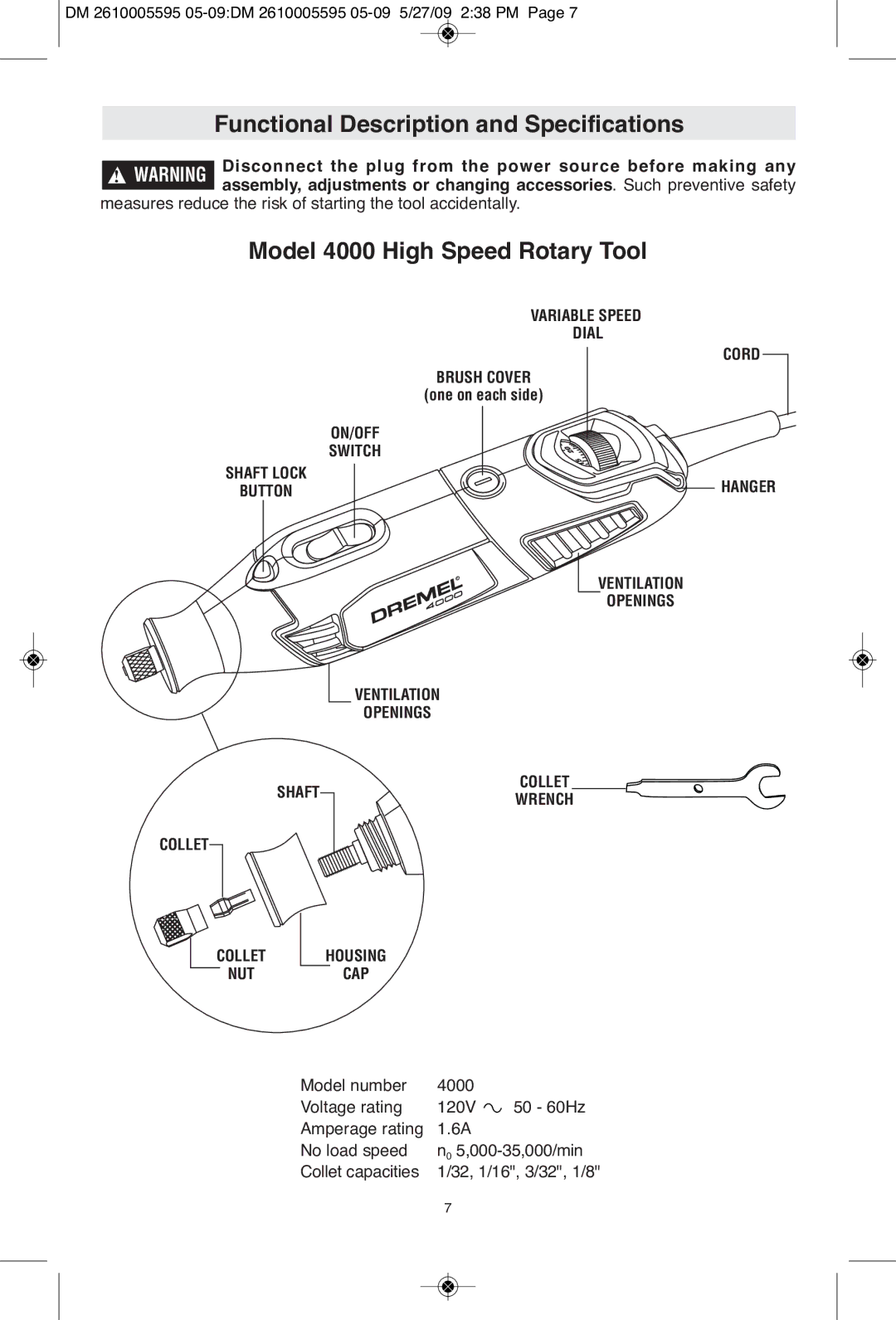 Dremel Functional Description and Specifications, Model 4000 High Speed Rotary Tool, Variable Speed Dial Brush Cover 