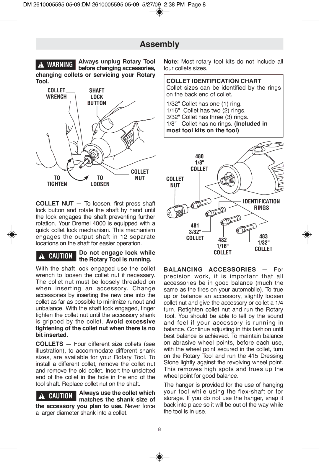 Dremel 4000 manual Assembly, Collet Shaft Wrench Lock Button, Collet Identification Chart, Collet NUT, Rings 