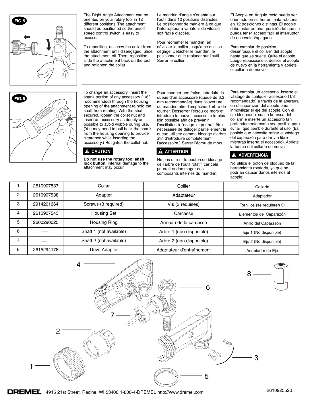 Dremel 575 manual Collar Collier, Adapter Adaptateur, 2914201664, 2610907543, 2600290025, Drive Adapter, 2610925520 