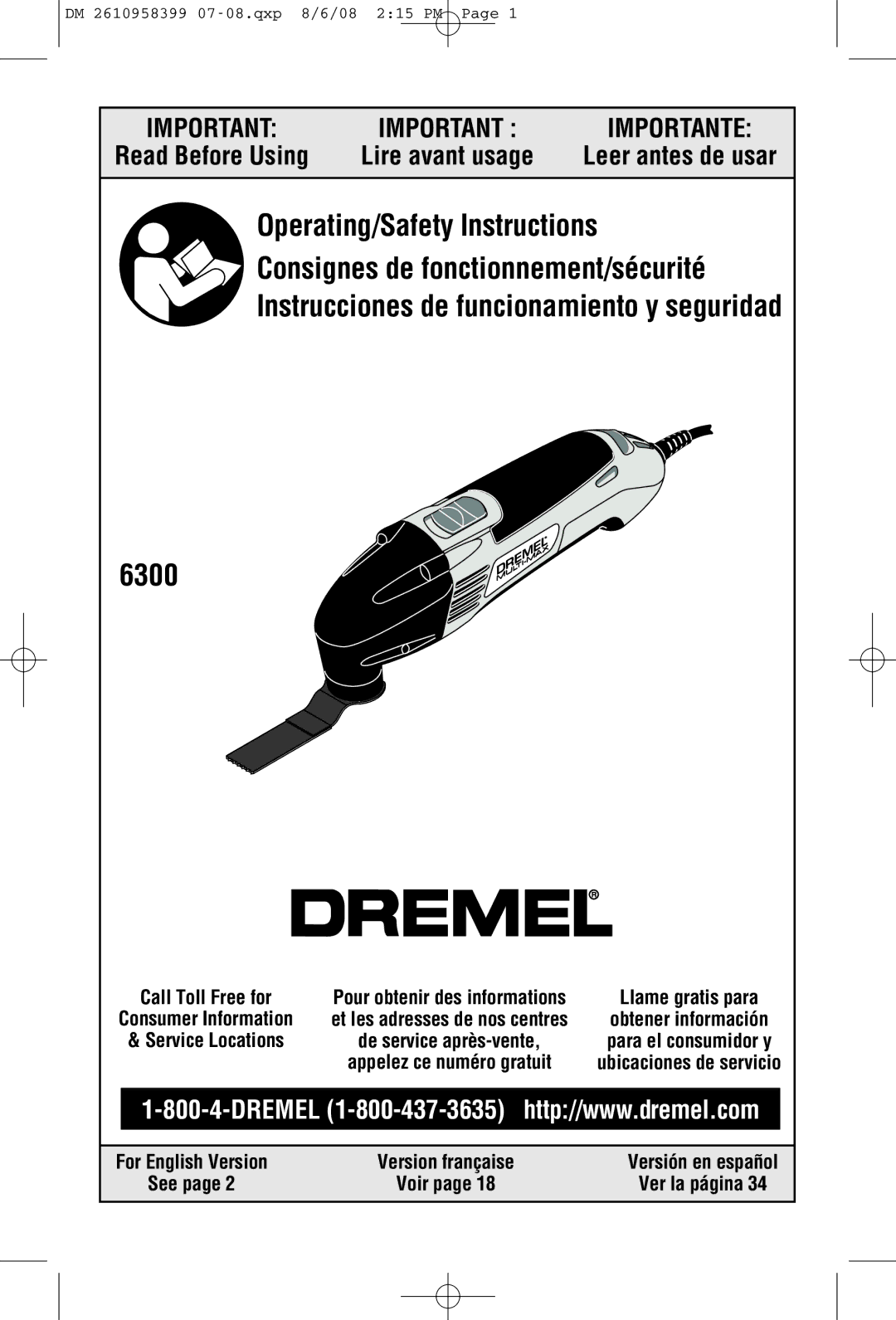 Dremel 6300 manual Leer antes de usar, For English Version Version française, See, Ver la página 