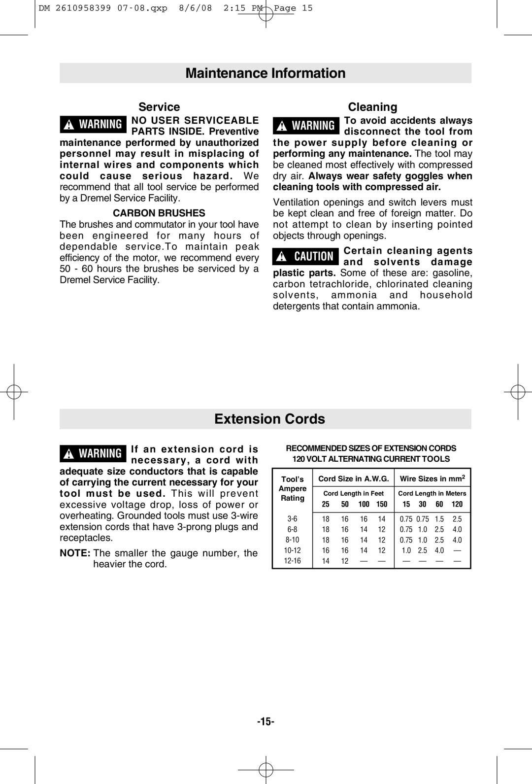 Dremel 6300 manual Maintenance Information, Extension Cords, Cleaning, Carbon Brushes 