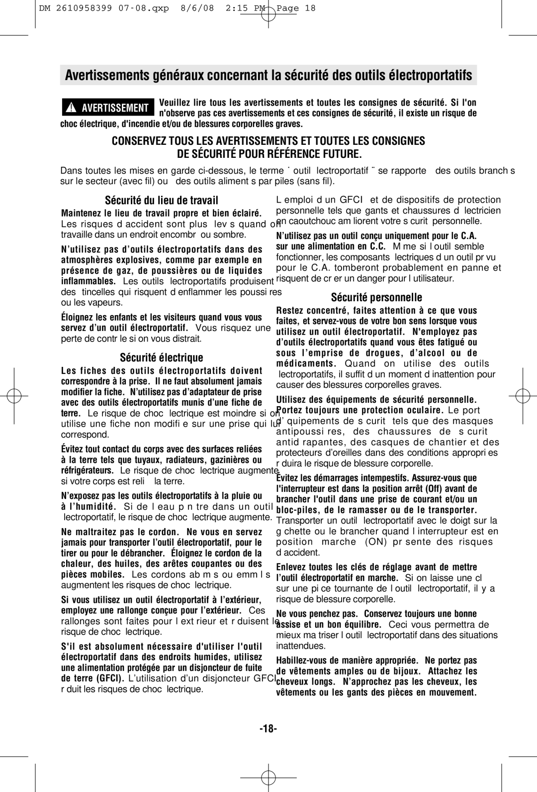 Dremel 6300 manual Sécurité du lieu de travail, Sécurité électrique, Sécurité personnelle 