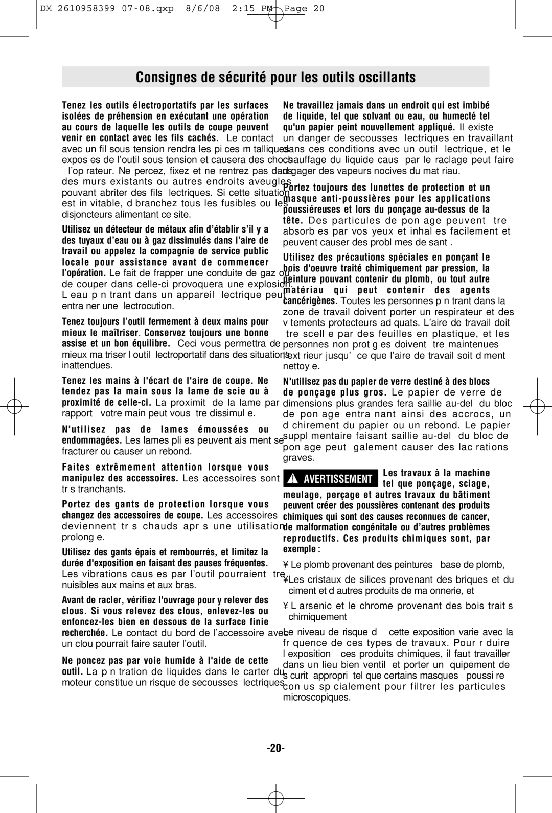 Dremel 6300 manual Consignes de sécurité pour les outils oscillants, Très tranchants 