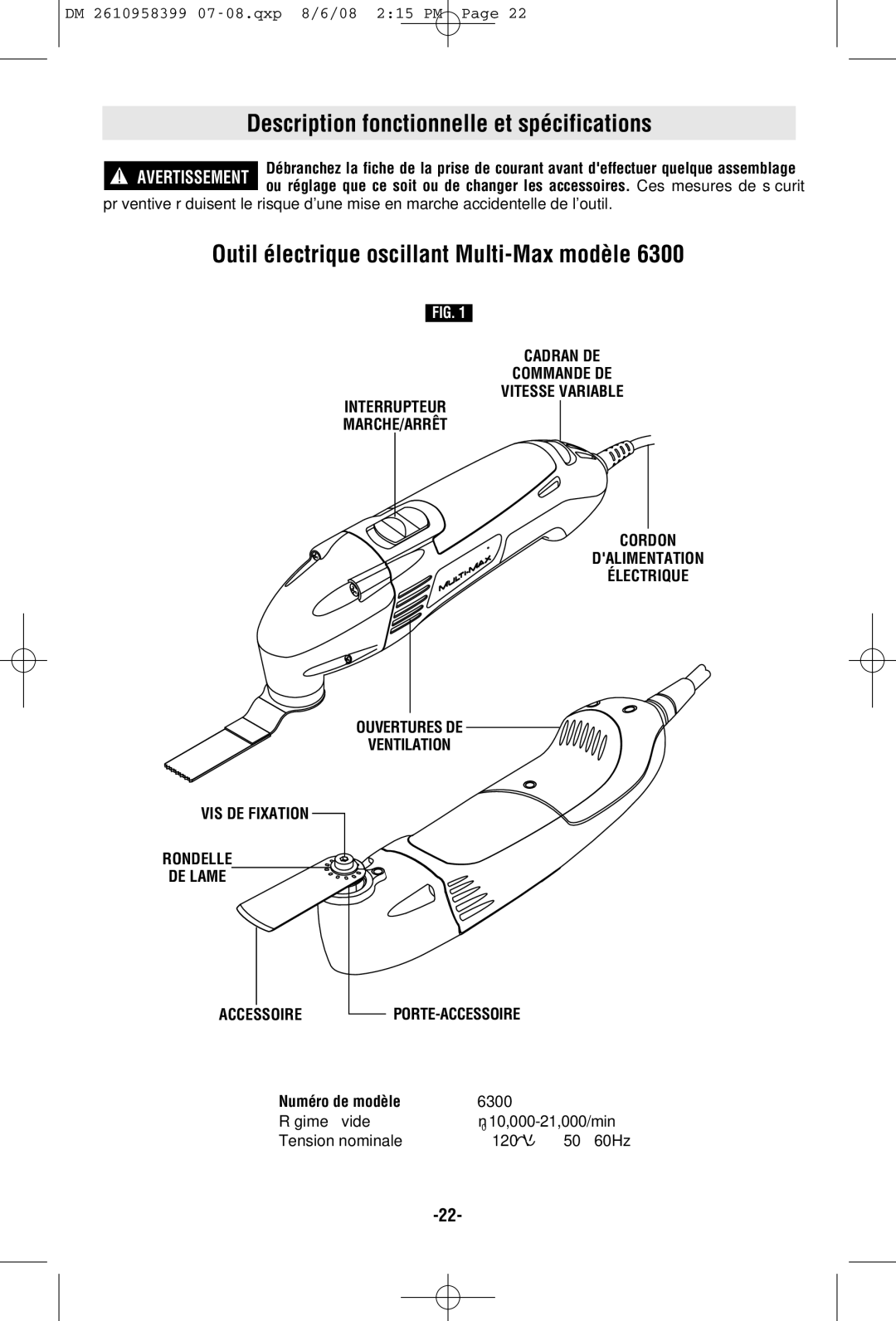 Dremel 6300 Description fonctionnelle et spécifications, Outil électrique oscillant Multi-Max modèle, Numéro de modèle 