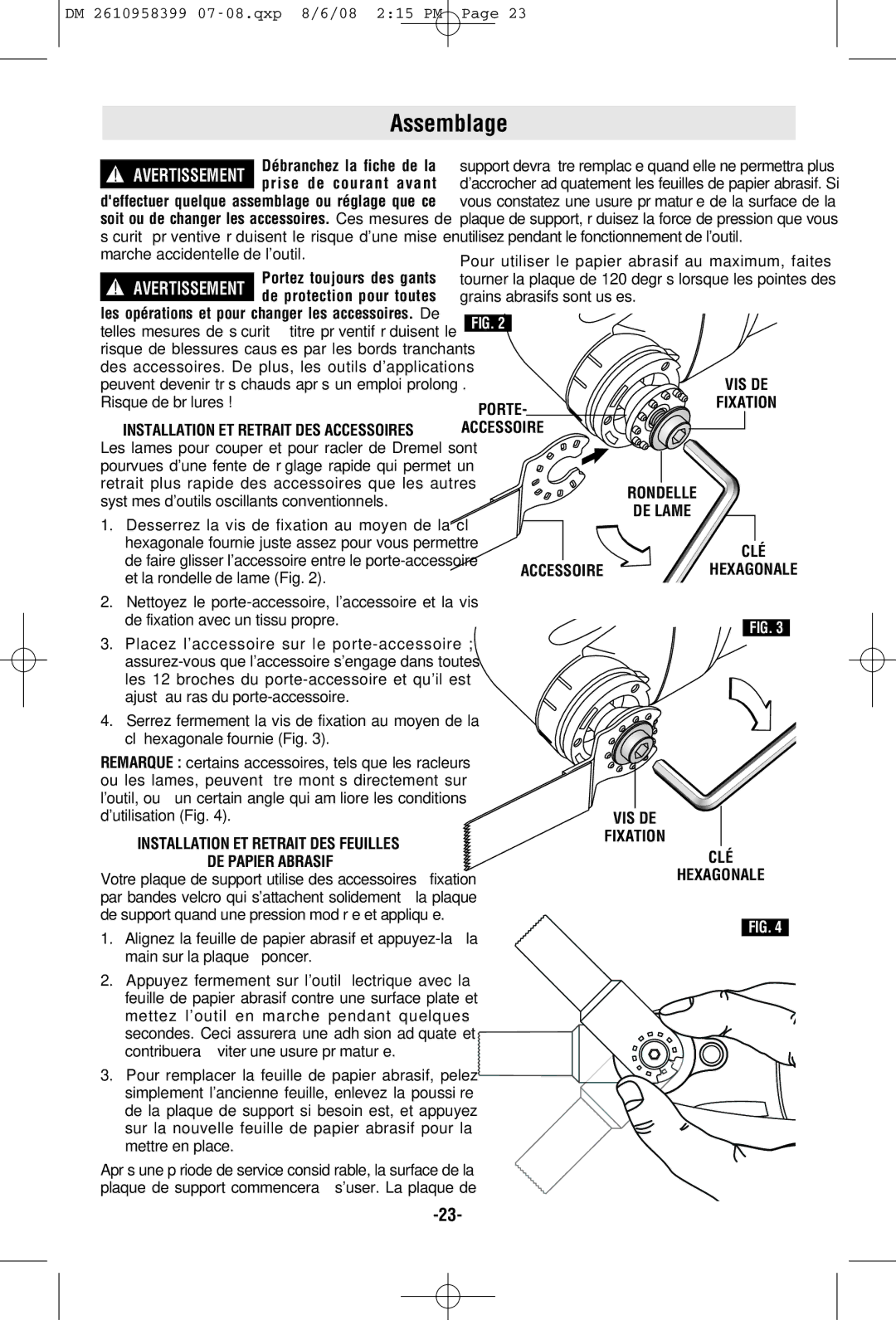 Dremel 6300 manual Assemblage, Porte VIS DE Fixation, Installation ET Retrait DES Feuilles DE Papier Abrasif 