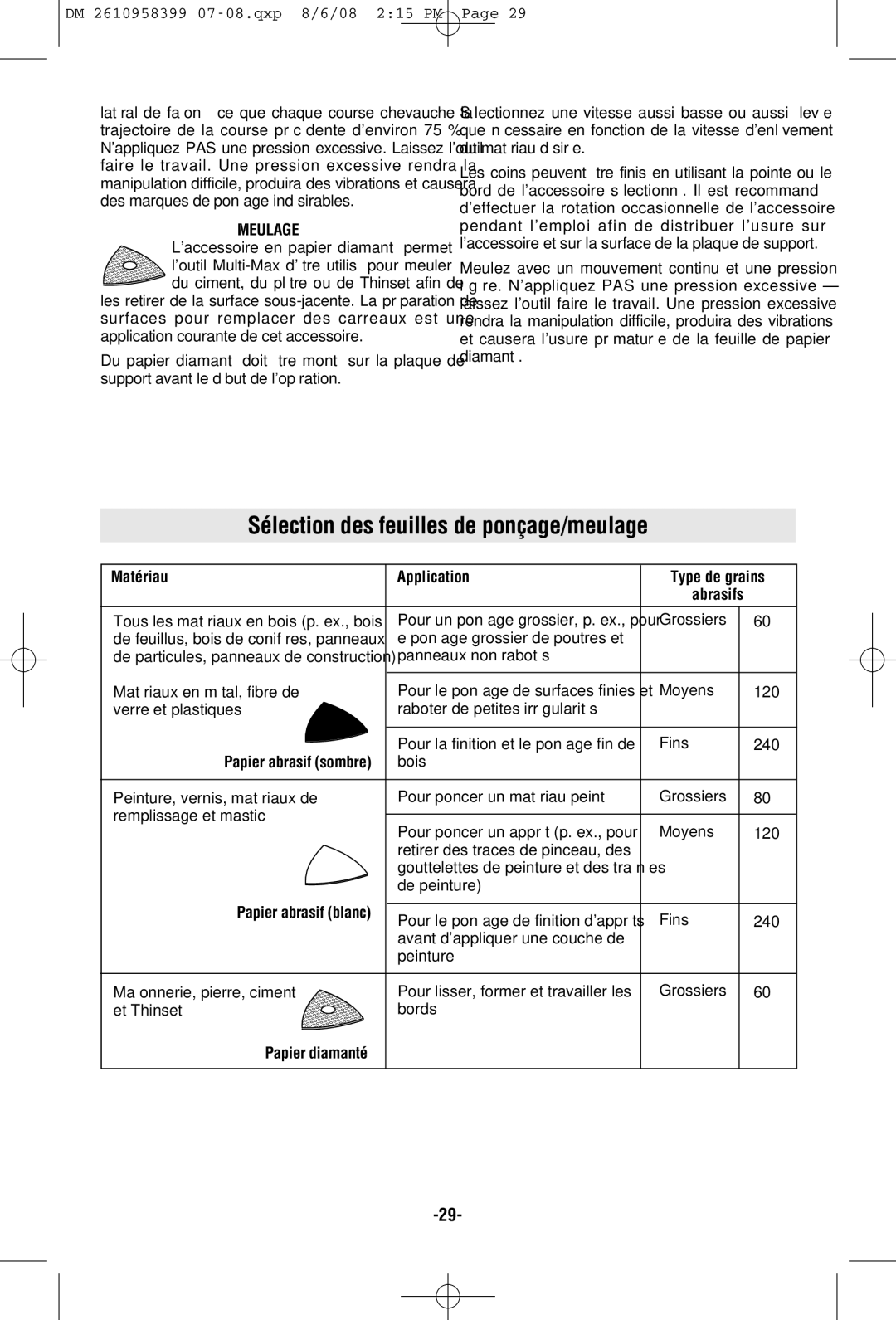 Dremel 6300 manual Sélection des feuilles de ponçage/meulage, Meulage 