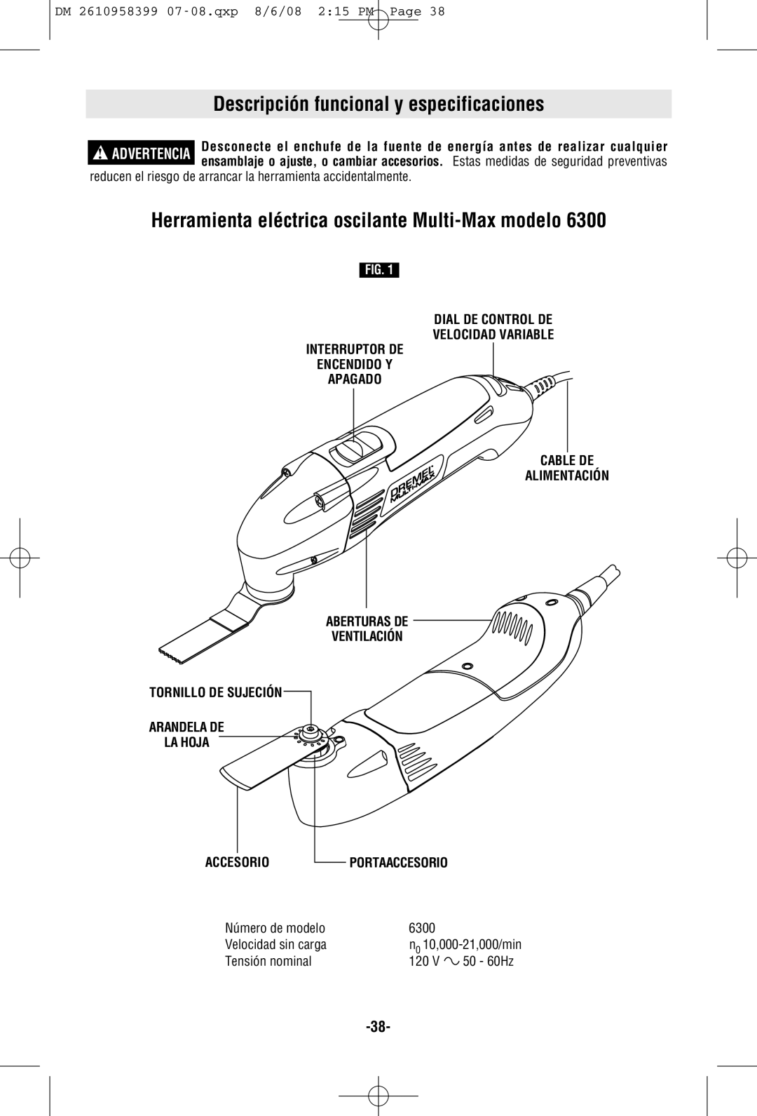 Dremel 6300 manual Descripción funcional y especificaciones, Herramienta eléctrica oscilante Multi-Max modelo 