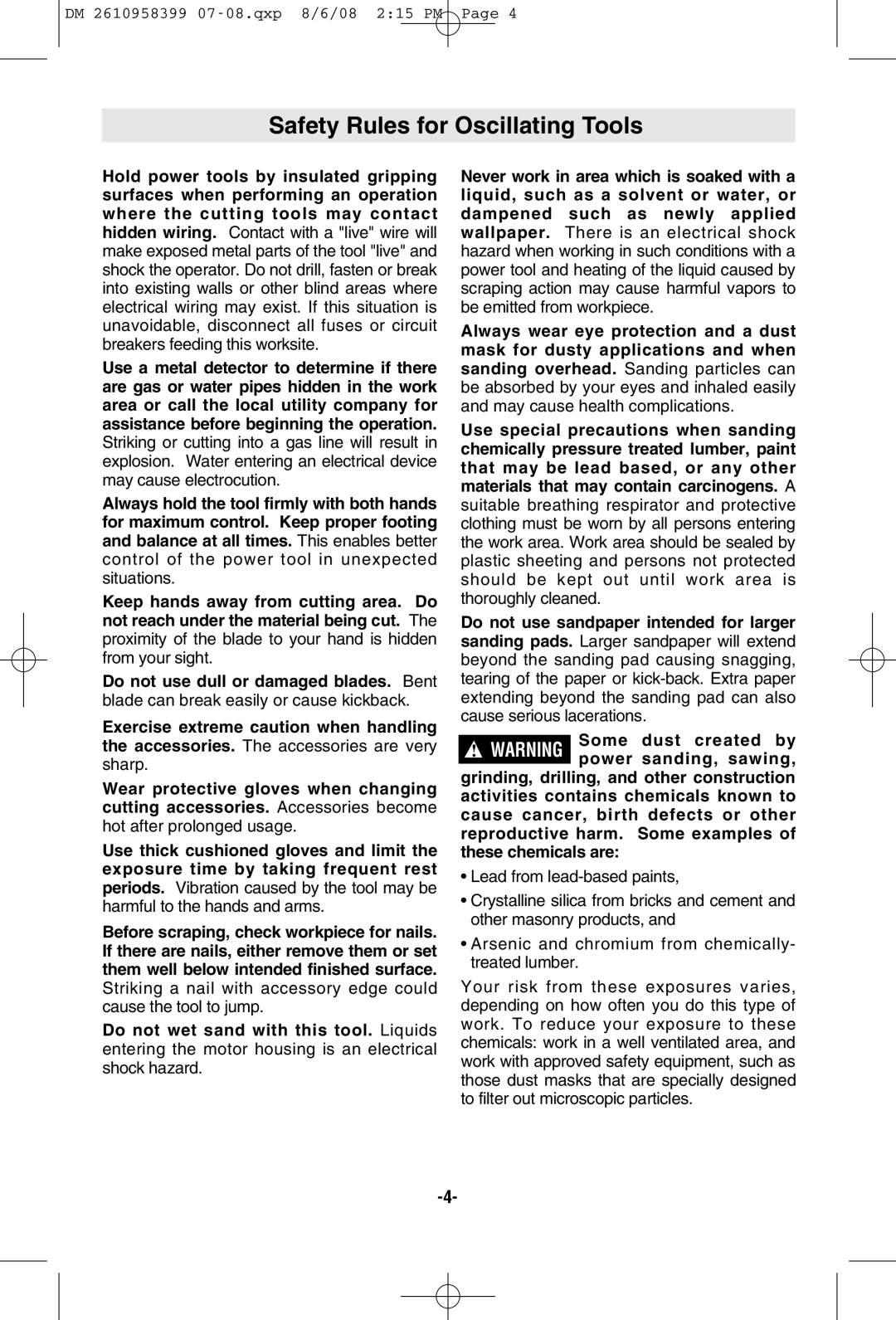 Dremel 6300 manual Safety Rules for Oscillating Tools, Sharp 