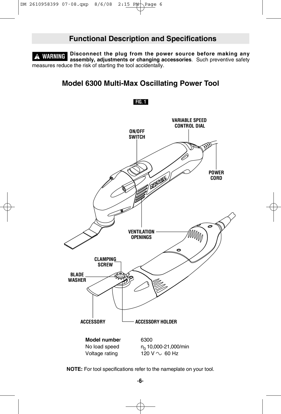 Dremel manual Functional Description and Specifications, Model 6300 Multi-Max Oscillating Power Tool, Model numbe r 