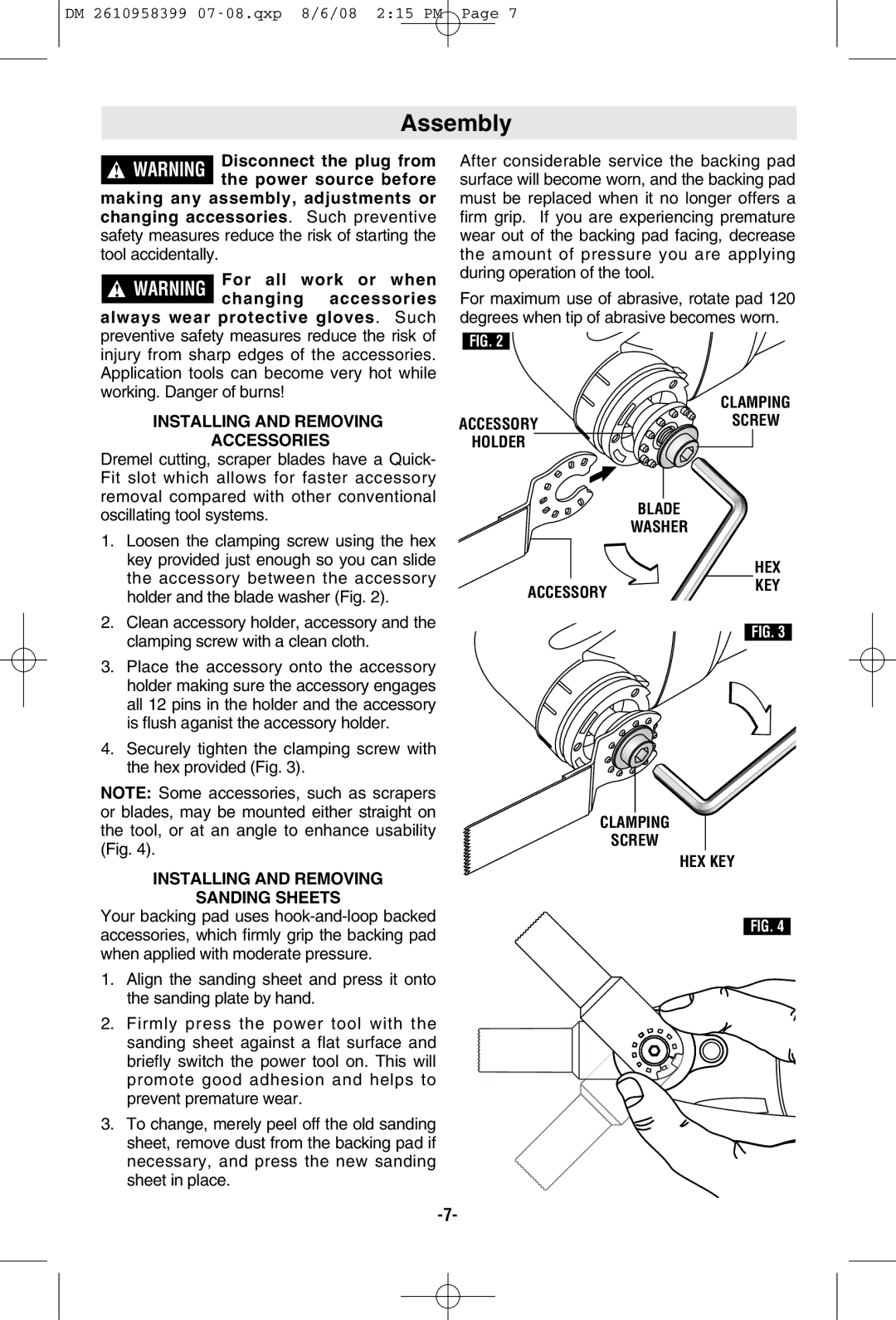 Dremel 6300 manual Assembly, Installing and Removing Accessories, Installing and Removing Sanding Sheets 