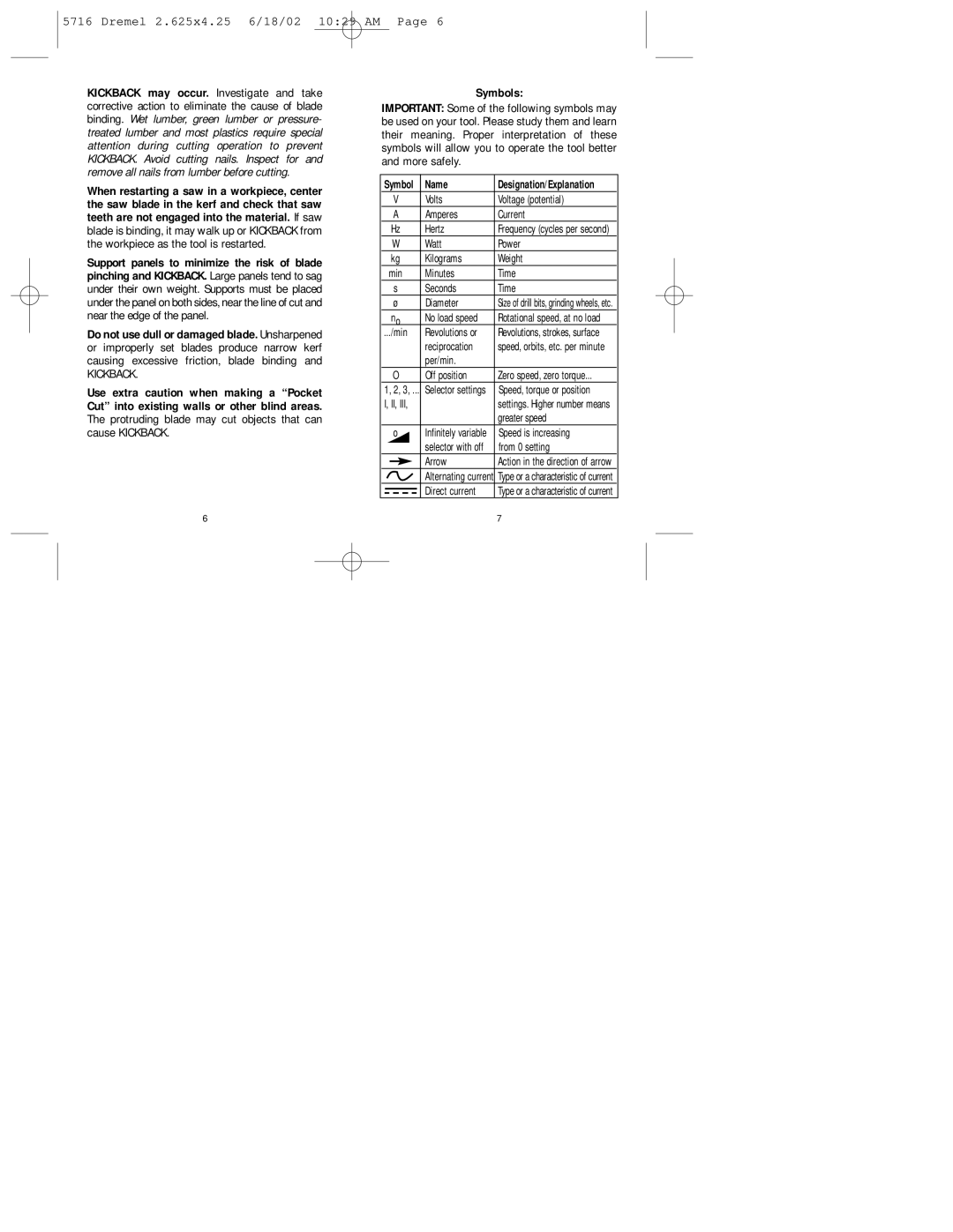 Dremel 670 manual Symbols, Name 