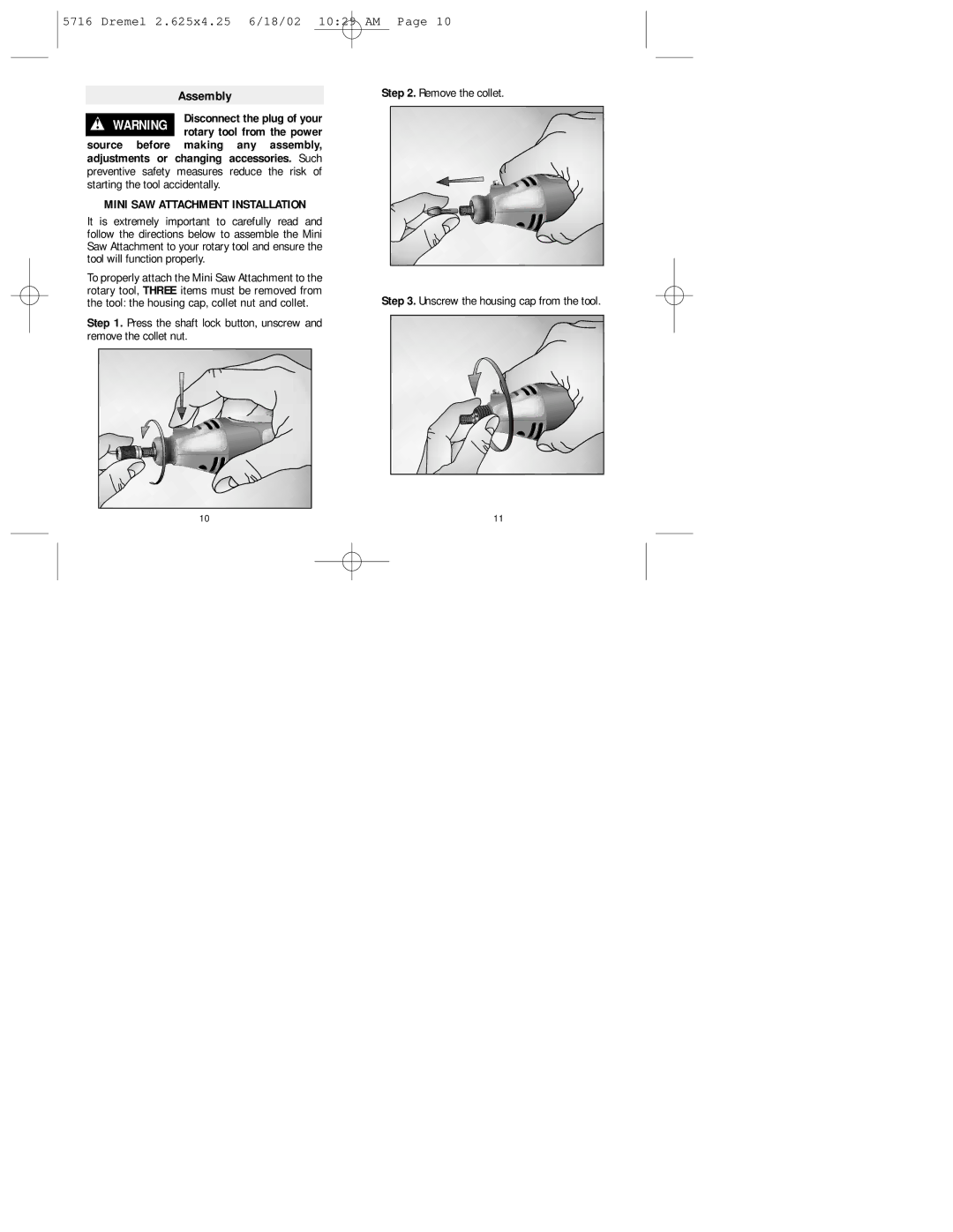 Dremel 670 manual Assembly, Mini SAW Attachment Installation 