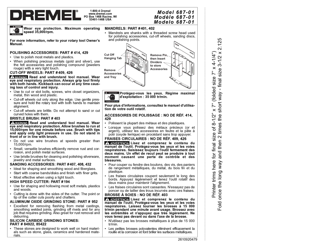 Dremel 687-01 owner manual Polishing Accessories 414, CUT-OFF Wheels 409, Bristle Brush, Sanding Accessories 407, 408 