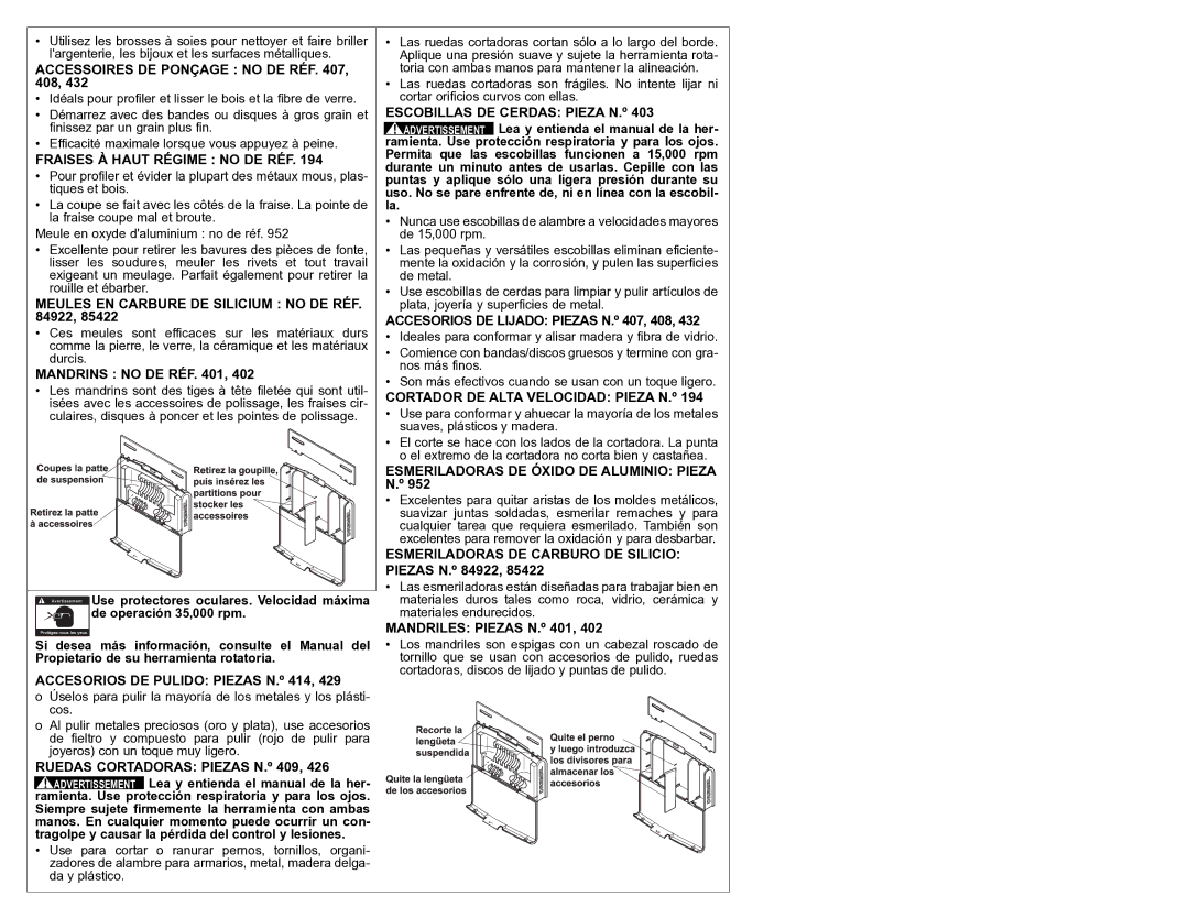 Dremel 687-01 owner manual Accessoires DE Ponçage no DE RÉF , 408, Fraises À Haut Régime no DE RÉF 