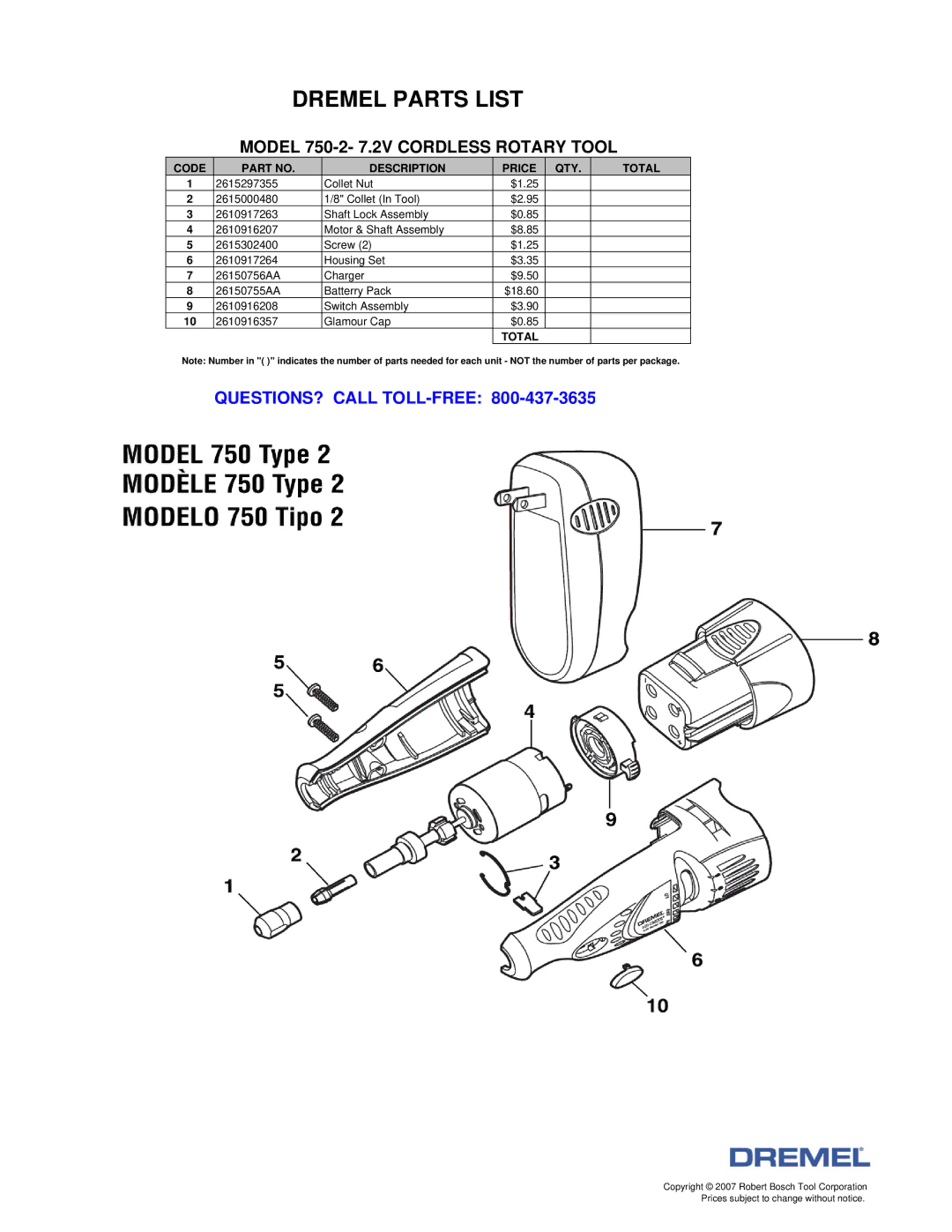 Dremel 750-2 manual Dremel Parts List 