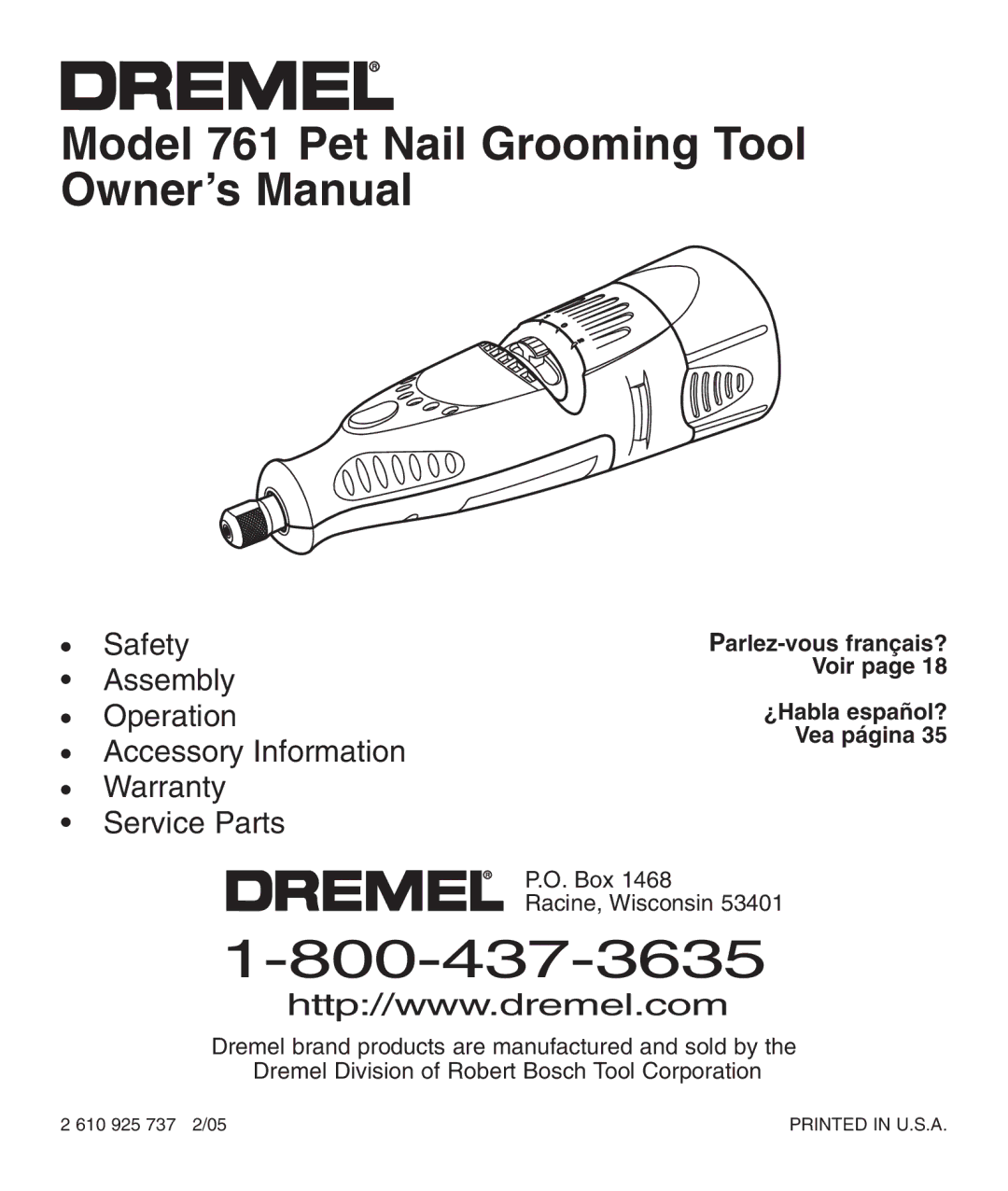 Dremel 761 owner manual Parlez-vous français? Voir ¿Habla español? Vea página, Box Racine, Wisconsin 