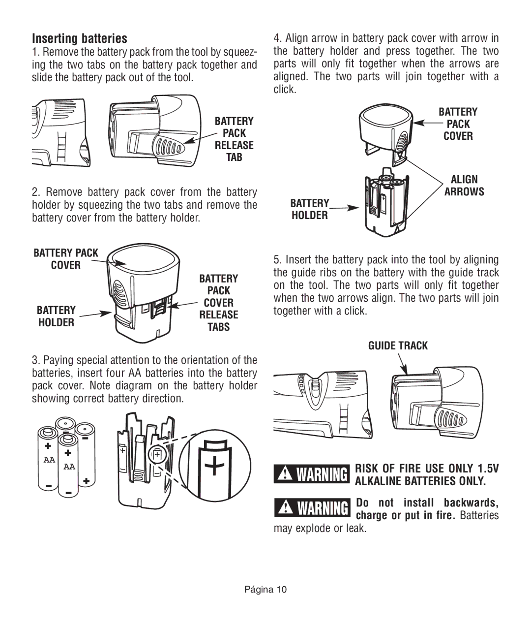 Dremel 761 owner manual Inserting batteries, Battery Pack Release TAB, Guide Track 