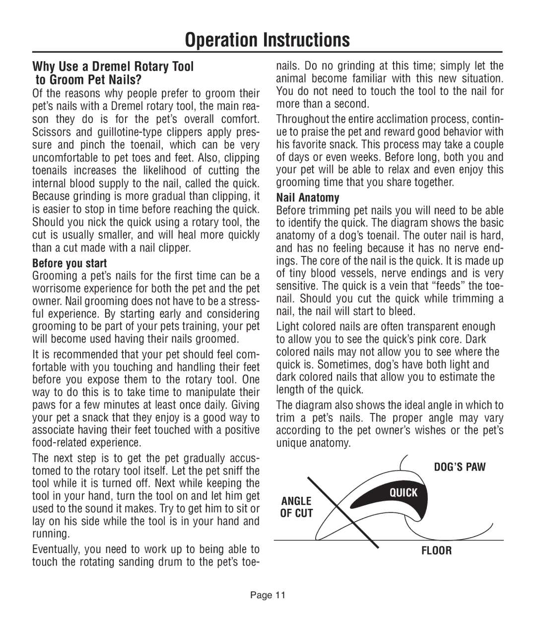 Dremel 761 Operation Instructions, Why Use a Dremel Rotary Tool to Groom Pet Nails?, Dog’S Paw, Angle CUT Floor 