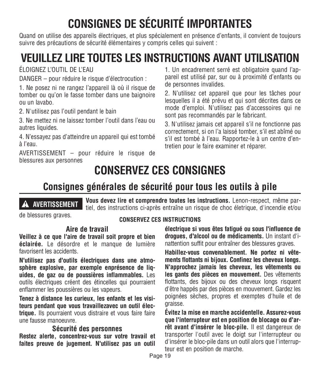 Dremel 761 Consignes générales de sécurité pour tous les outils à pile, Aire de travail, Sécurité des personnes 