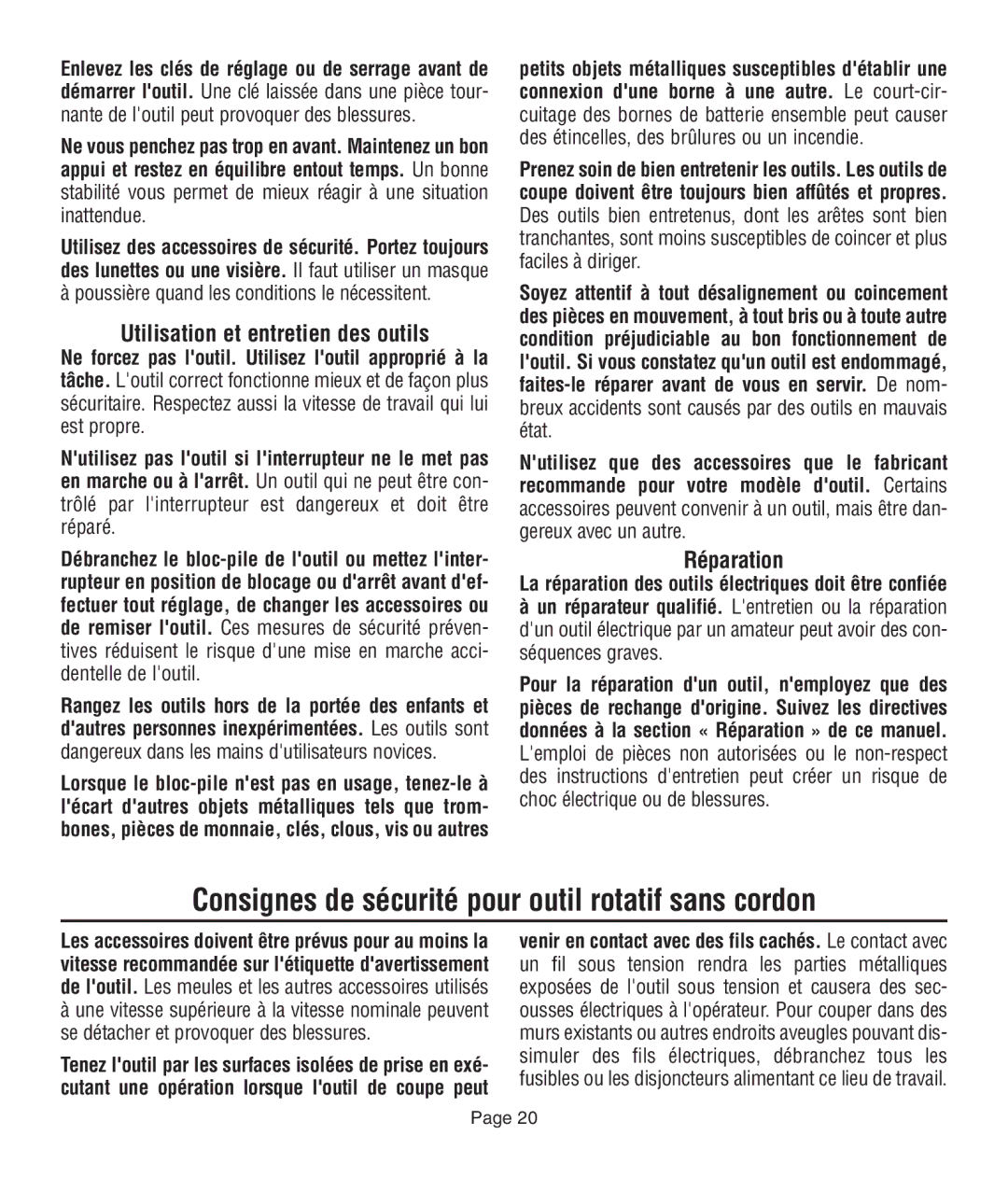 Dremel 761 Consignes de sécurité pour outil rotatif sans cordon, Utilisation et entretien des outils, Réparation 