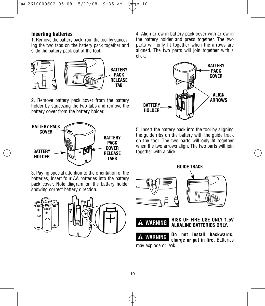 Dremel 761 manual Inserting batteries, Battery Pack Release TAB, Guide Track 