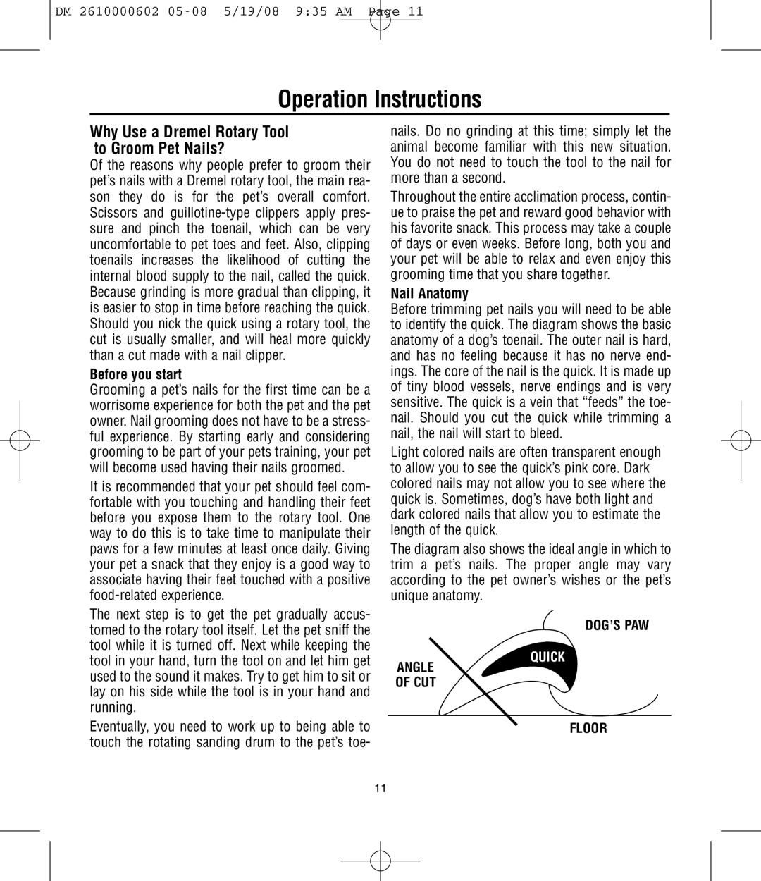 Dremel 761 manual Operation Instructions, Why Use a Dremel Rotary Tool to Groom Pet Nails?, Dog’S Paw, Angle CUT Floor 