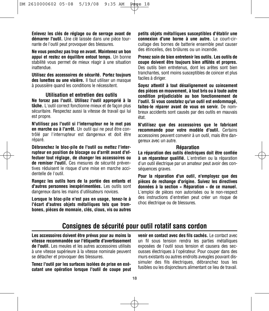 Dremel 761 manual Consignes de sécurité pour outil rotatif sans cordon, Utilisation et entretien des outils, Réparation 