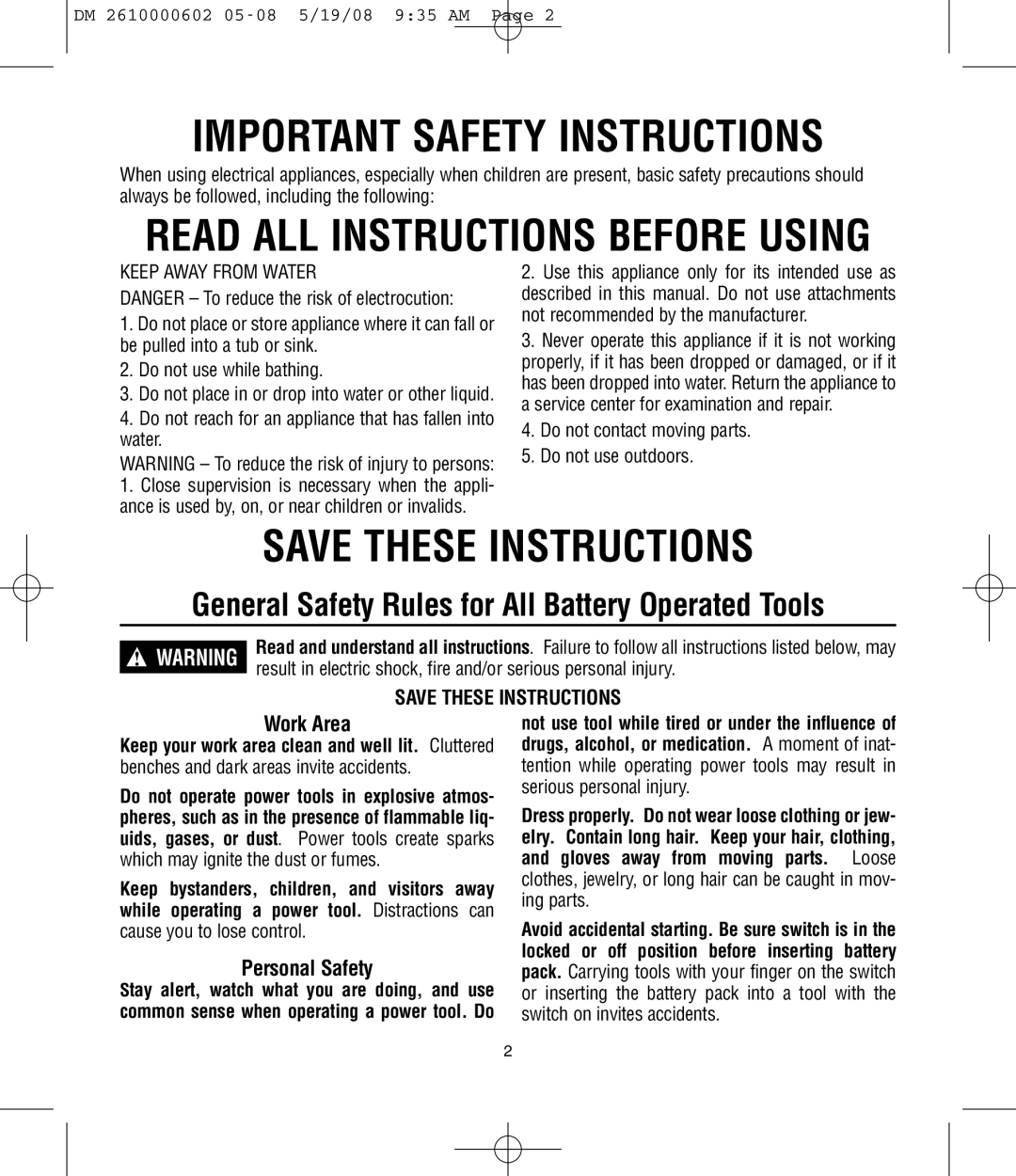 Dremel 761 manual General Safety Rules for All Battery Operated Tools, Work Area, Personal Safety 