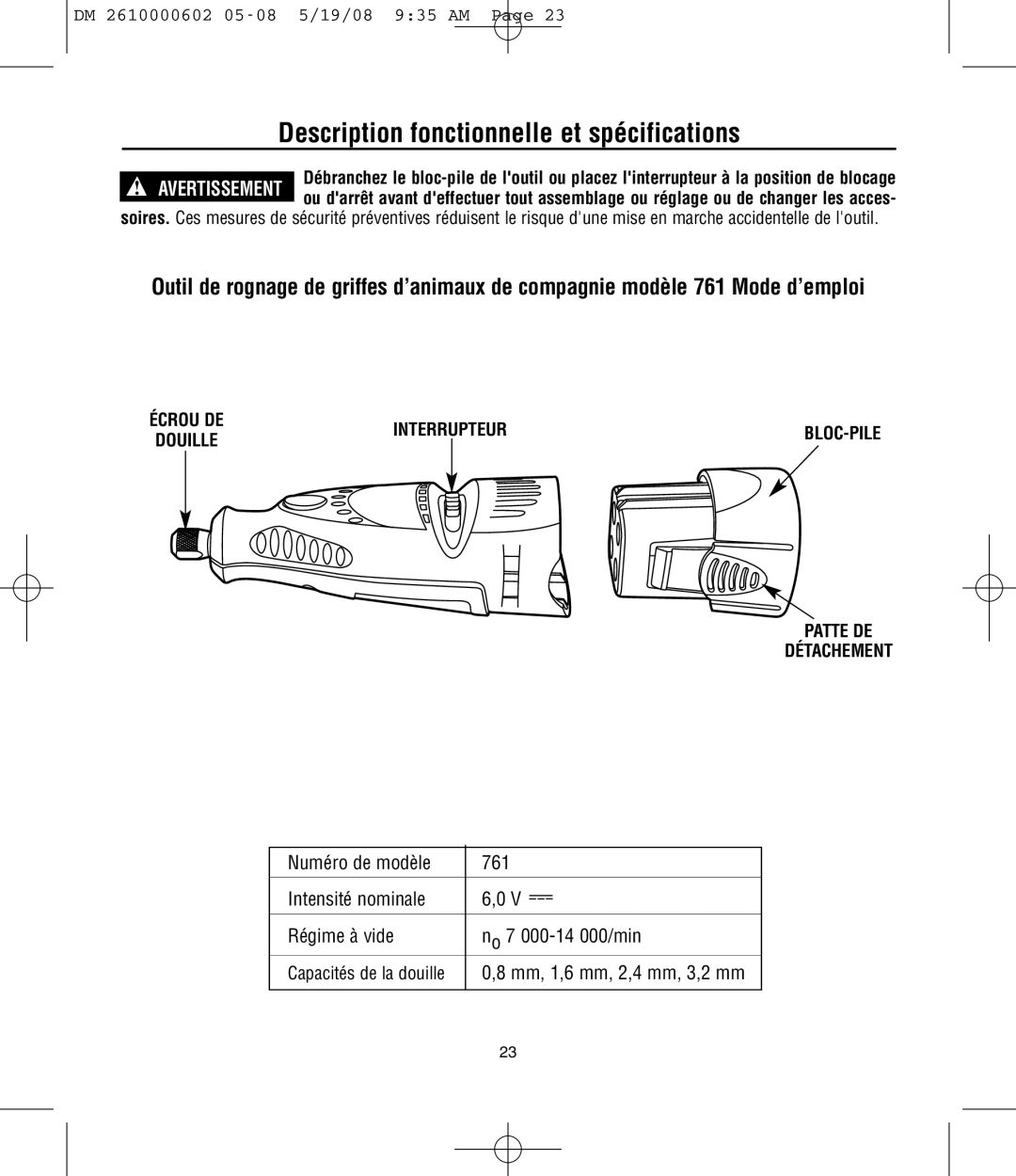 Dremel 761 manual Description fonctionnelle et spécifications, Patte DE Détachement 