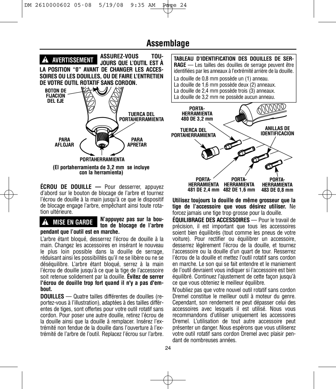 Dremel 761 manual Assemblage, Assurez-Vous, Pendant que l’outil est en marche 