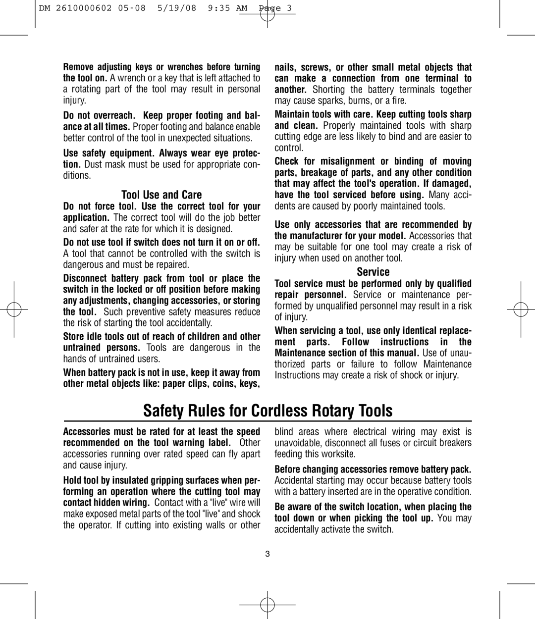 Dremel 761 manual Safety Rules for Cordless Rotary Tools, Tool Use and Care, Service 