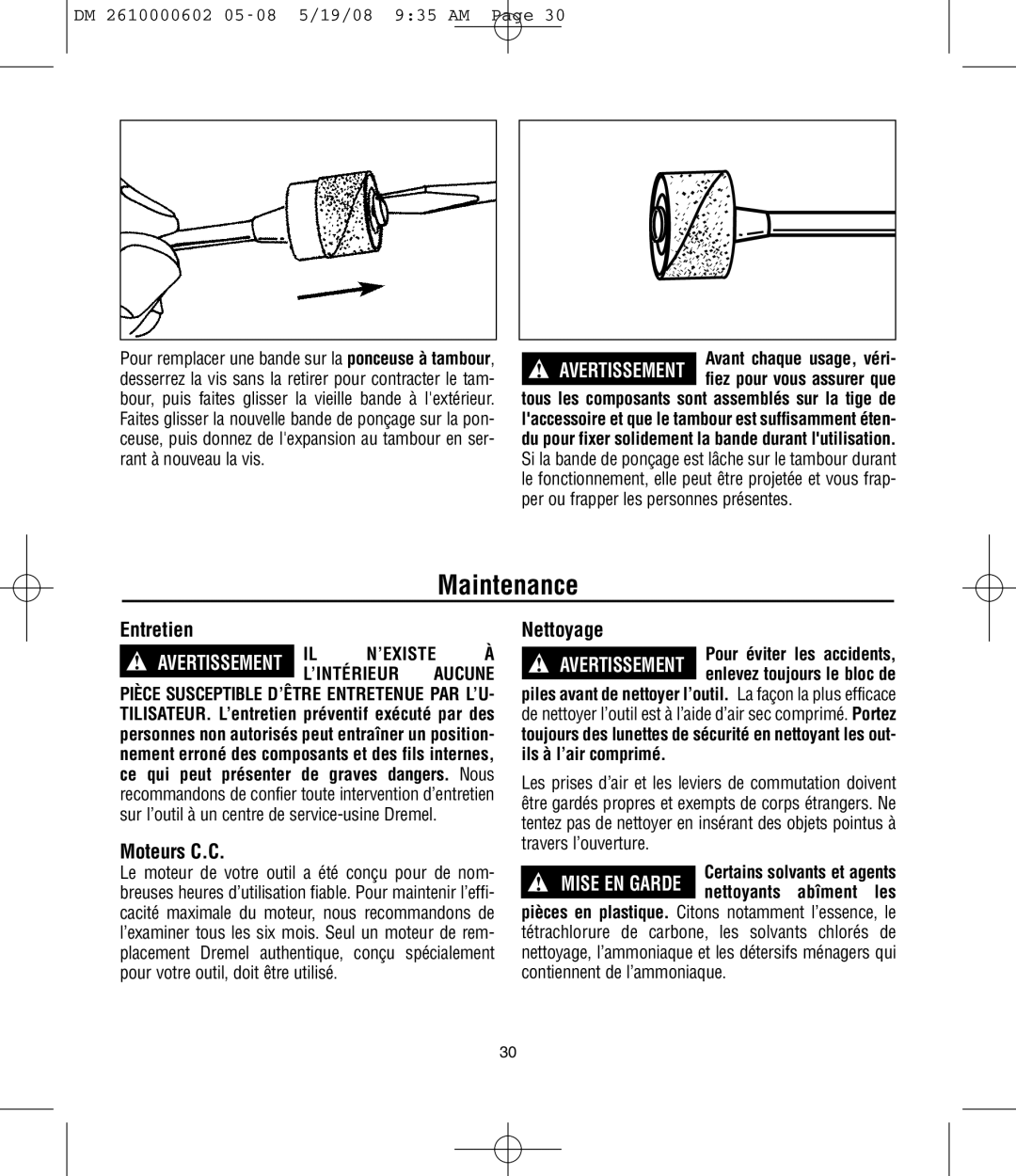 Dremel 761 manual Maintenance, Entretien, Moteurs C.C, Nettoyage, ’Existe ’Intérieur 