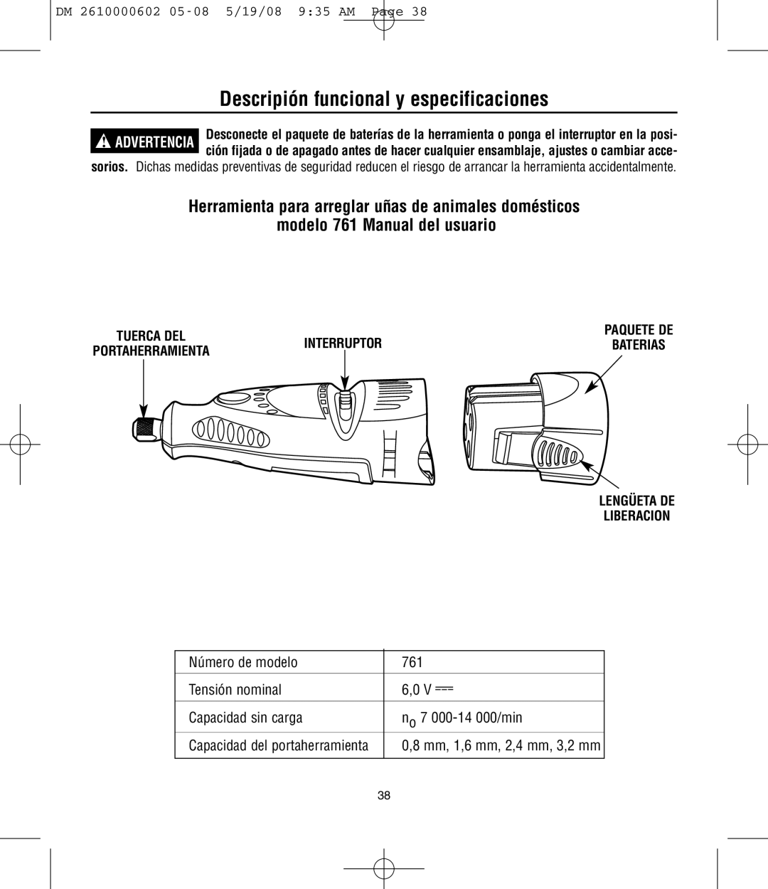 Dremel 761 manual Descripión funcional y especificaciones, Lengüeta DE Liberacion 